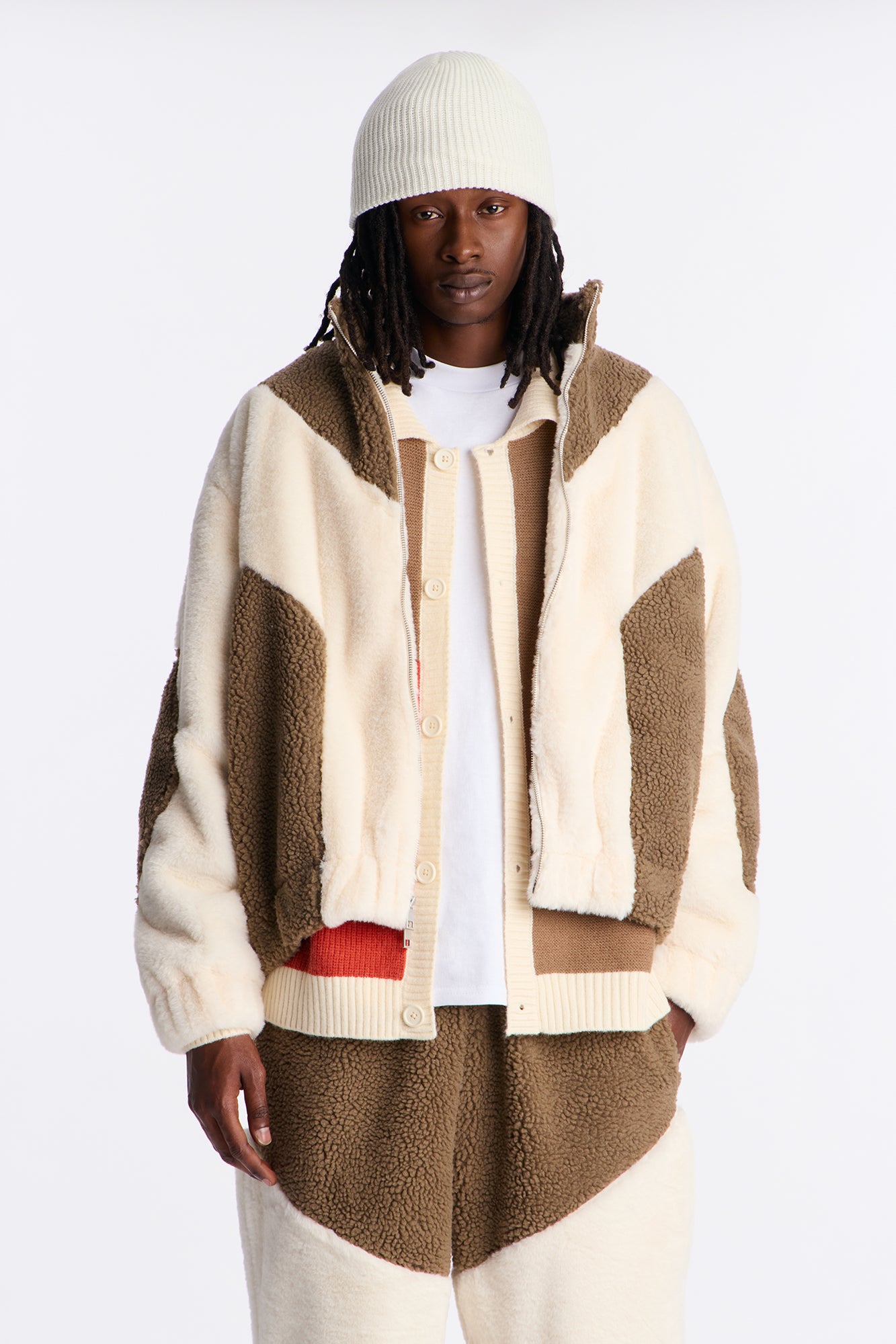 Oversized Cozy Peak Paneled Faux Fur Jacket - Brown