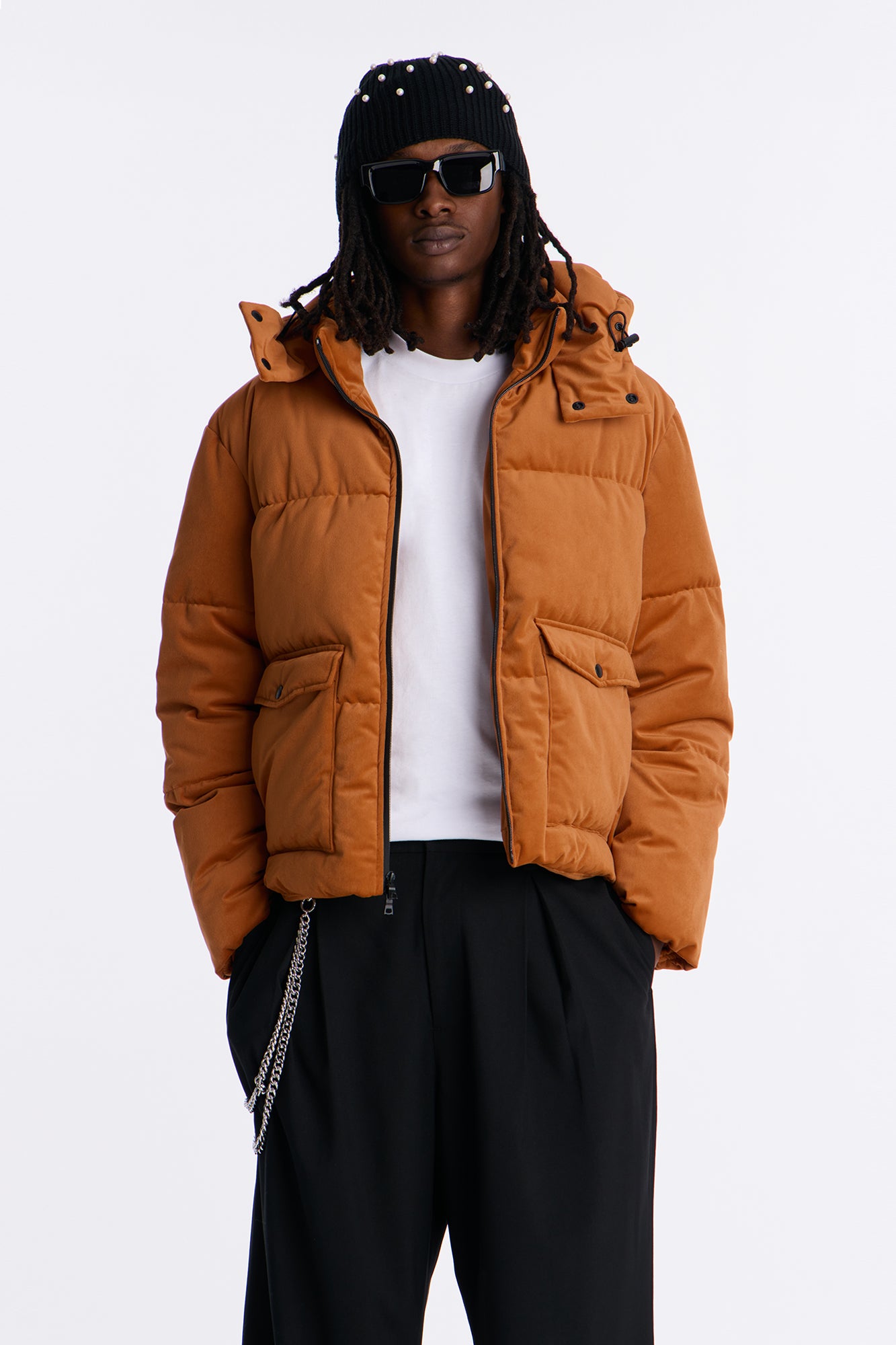 Cropped Hooded Velvet Classic Puffer Jacket - Brown