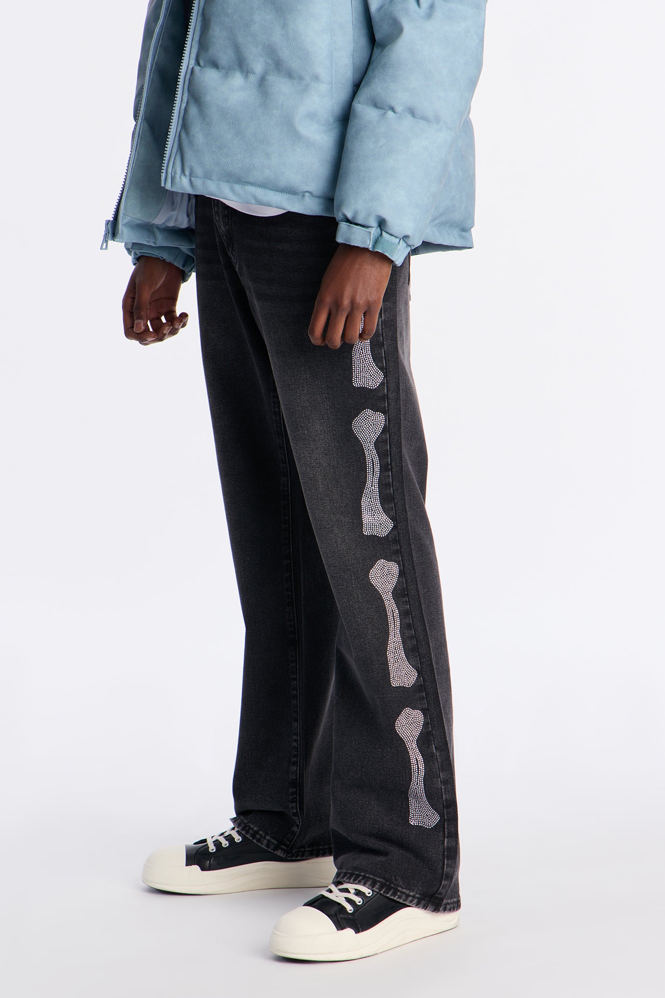 Stacked Skinny Flare Bones Jeweled Jean - Black Wash