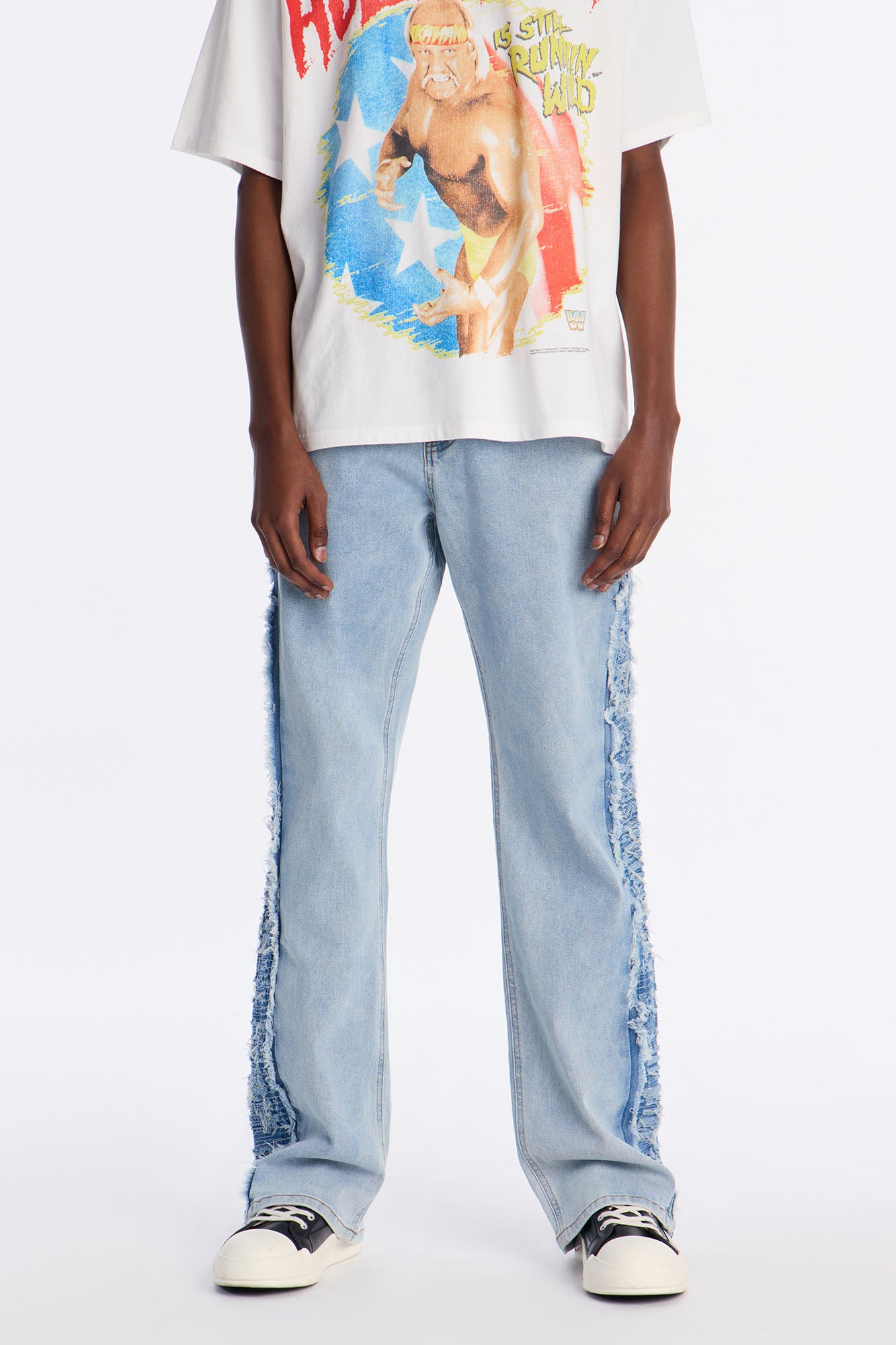 Stacked Slim Flare Fray Panel Jean - Light Blue Wash