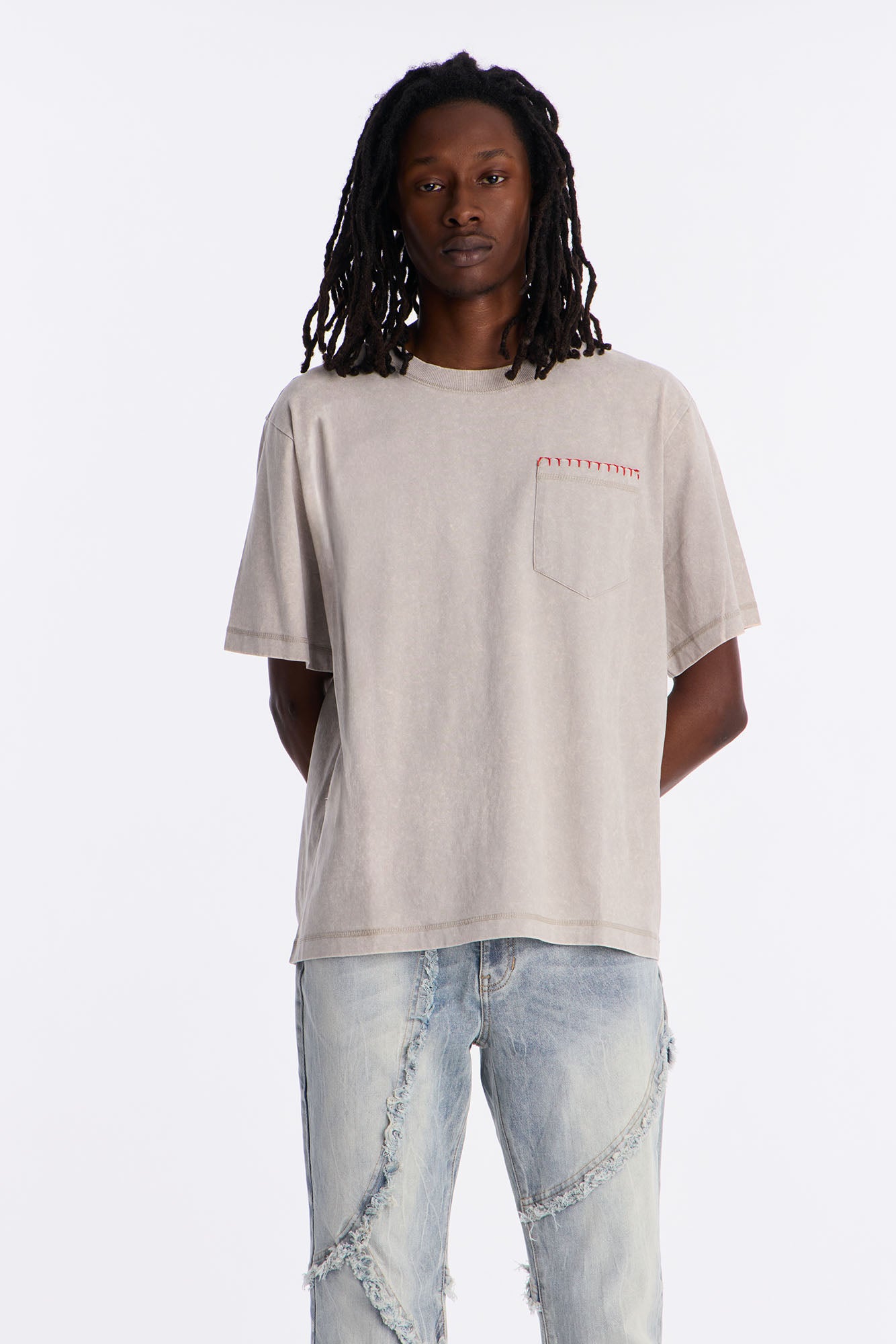 Gridline Fade Pocket Stitch Tee - Grey Mineral Wash