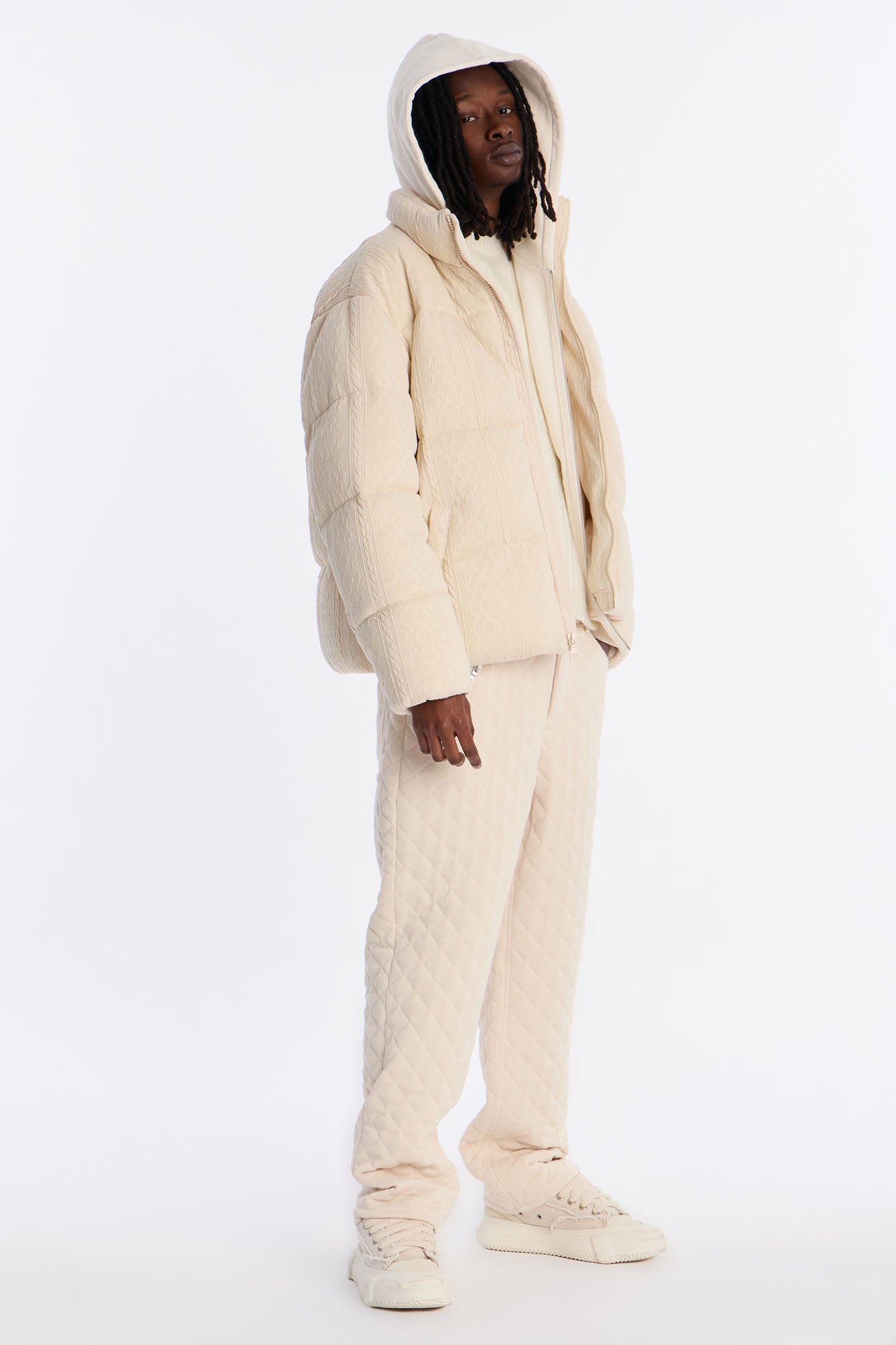 Textured Cable Knit Cabin Puffer Jacket - Cream
