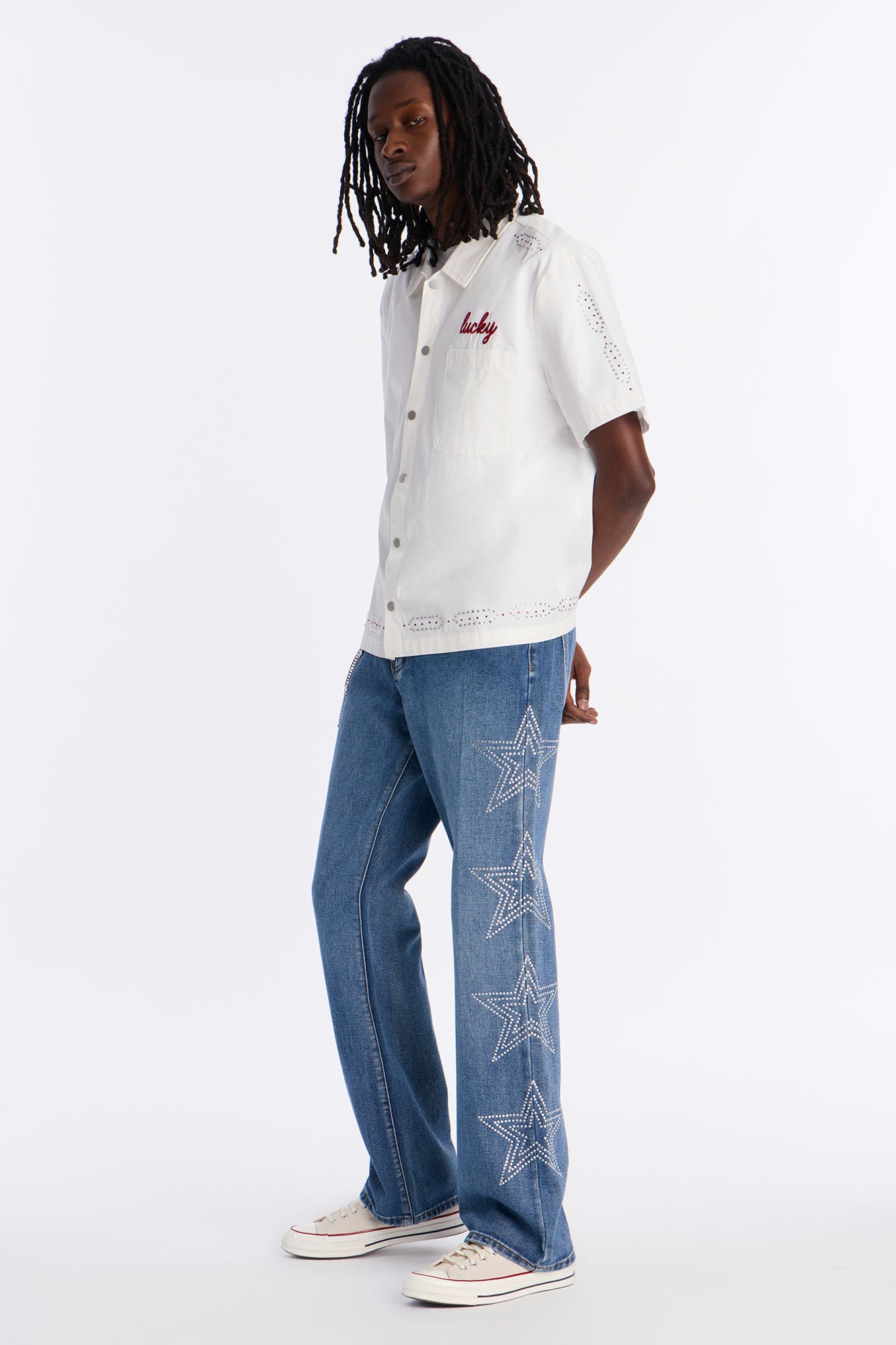 Stacked Slim Flare Stars Within Star Jeweled Jean - Medium Wash