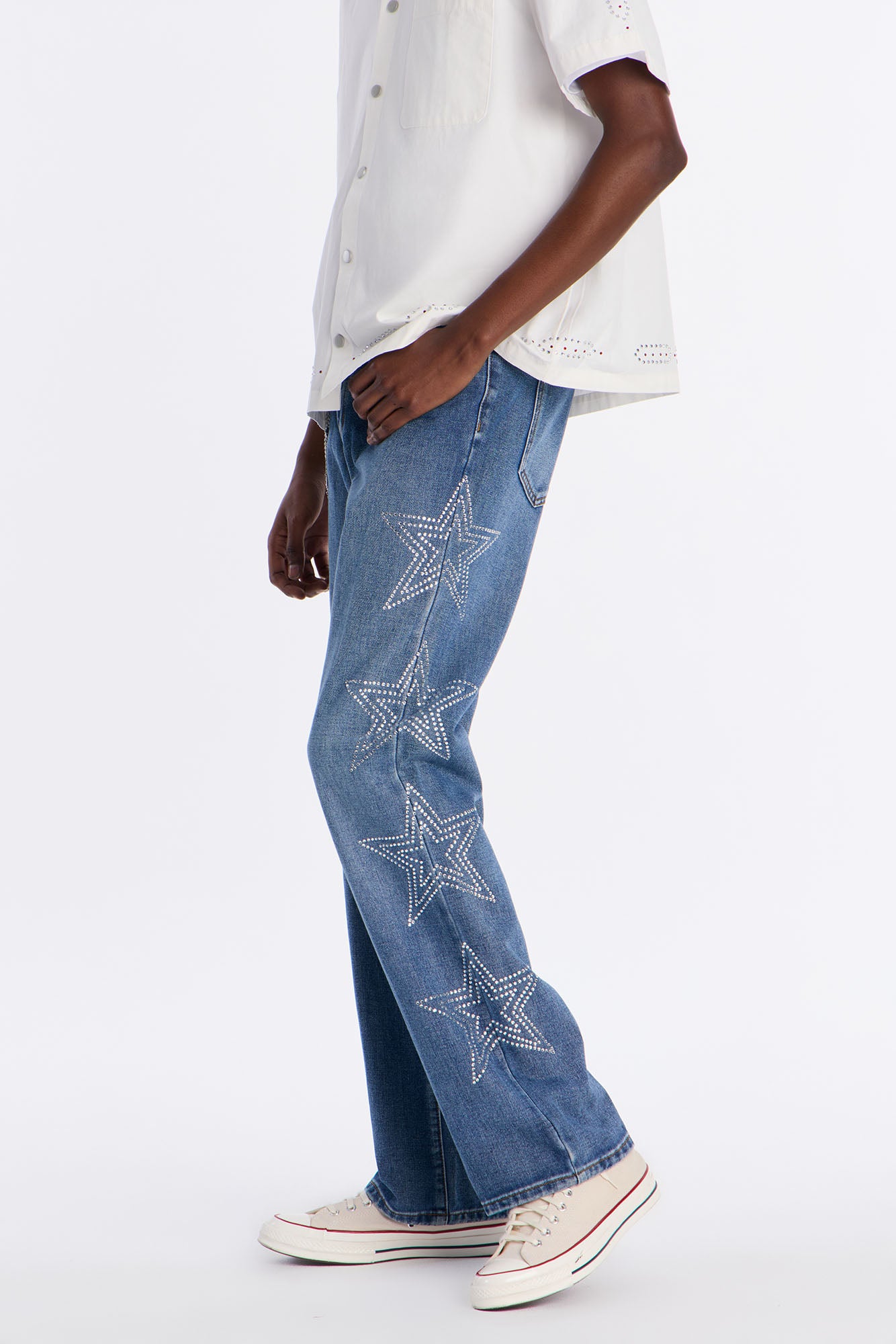 Stacked Slim Flare Stars Within Star Jeweled Jean - Medium Wash