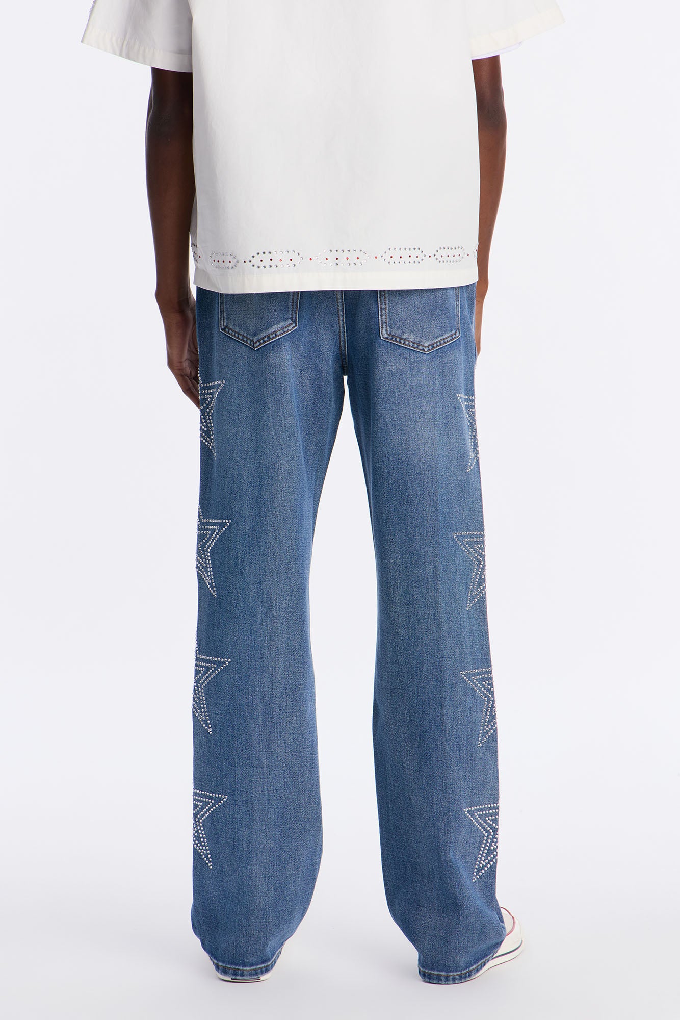 Stacked Slim Flare Stars Within Star Jeweled Jean - Medium Wash