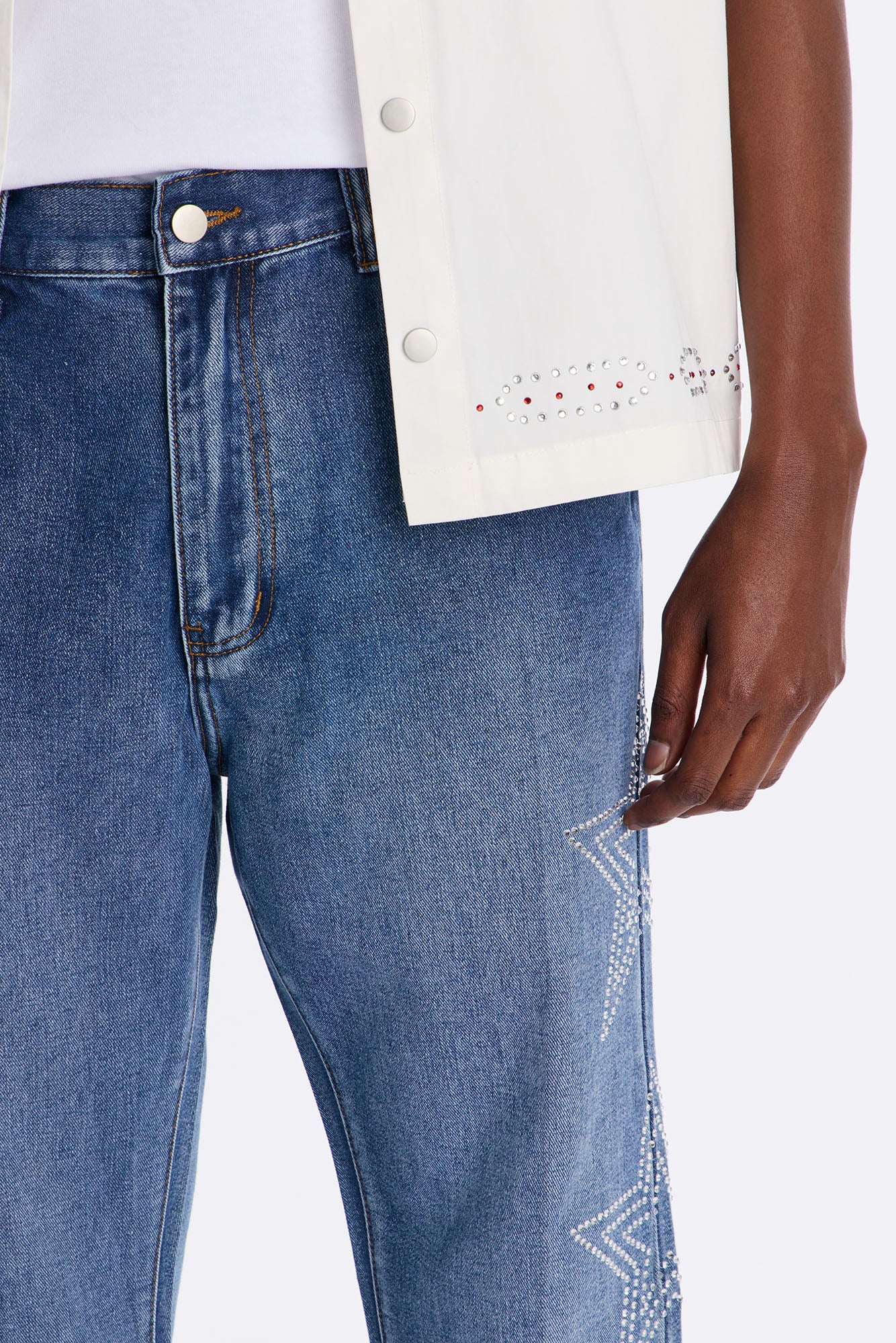 Stacked Slim Flare Stars Within Star Jeweled Jean - Medium Wash
