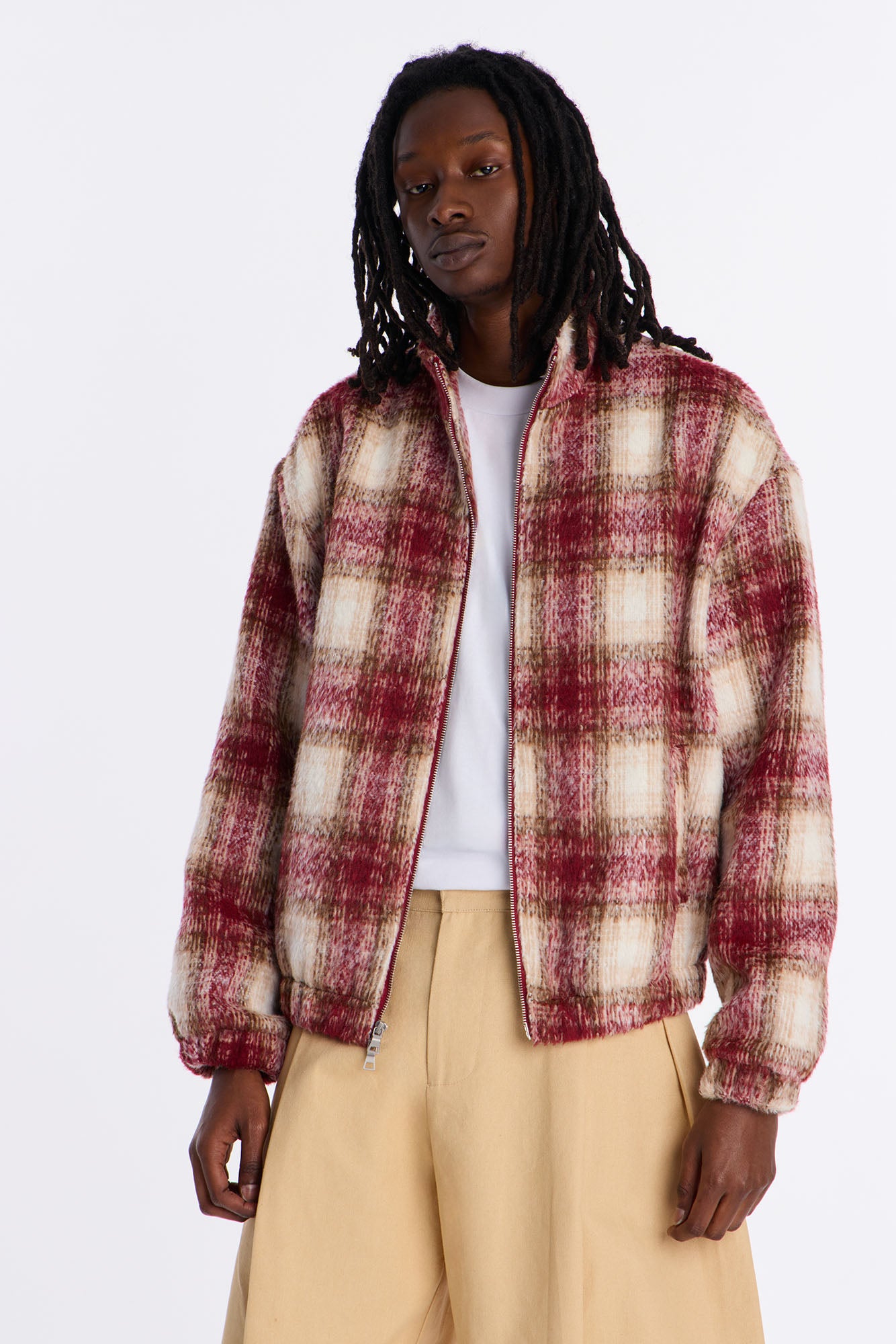 Relaxed Faux Wool Plaid Cozy Bomber Jacket - Burgundy