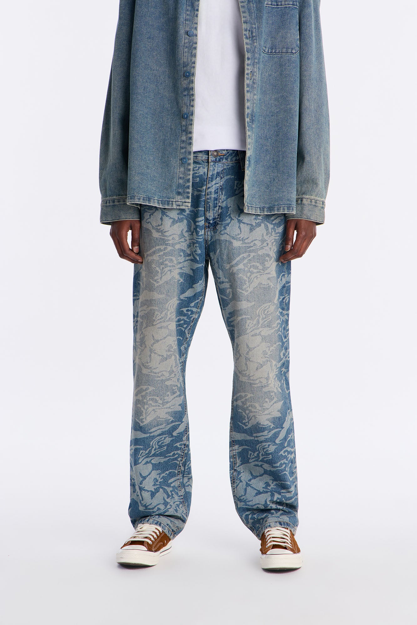Straight Floral Print Jean - Medium Blue Wash