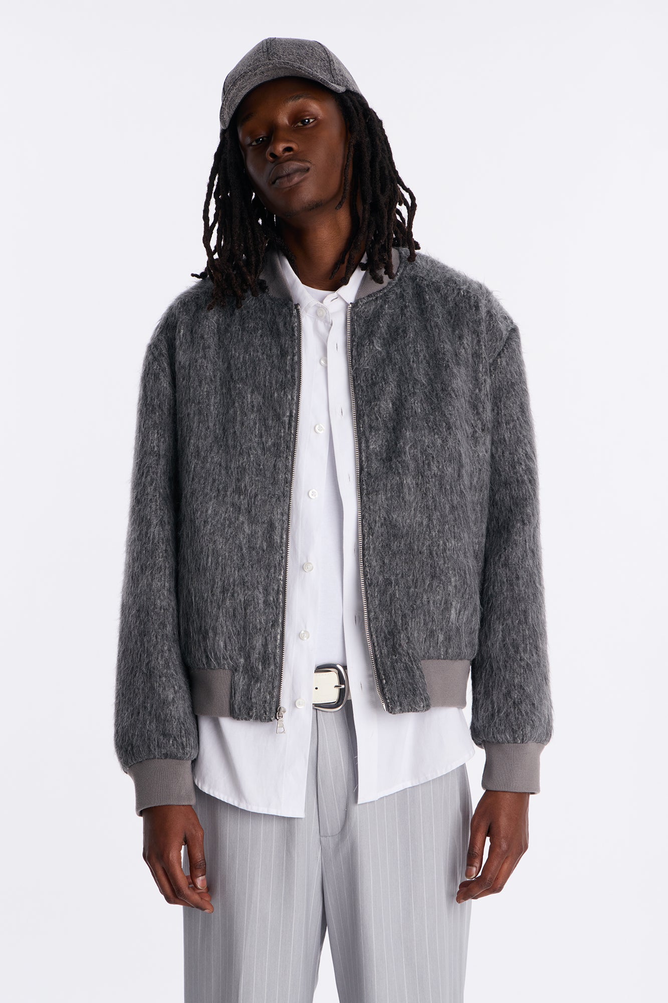 Relaxed Textured Mohair Bomber Jacket - Grey