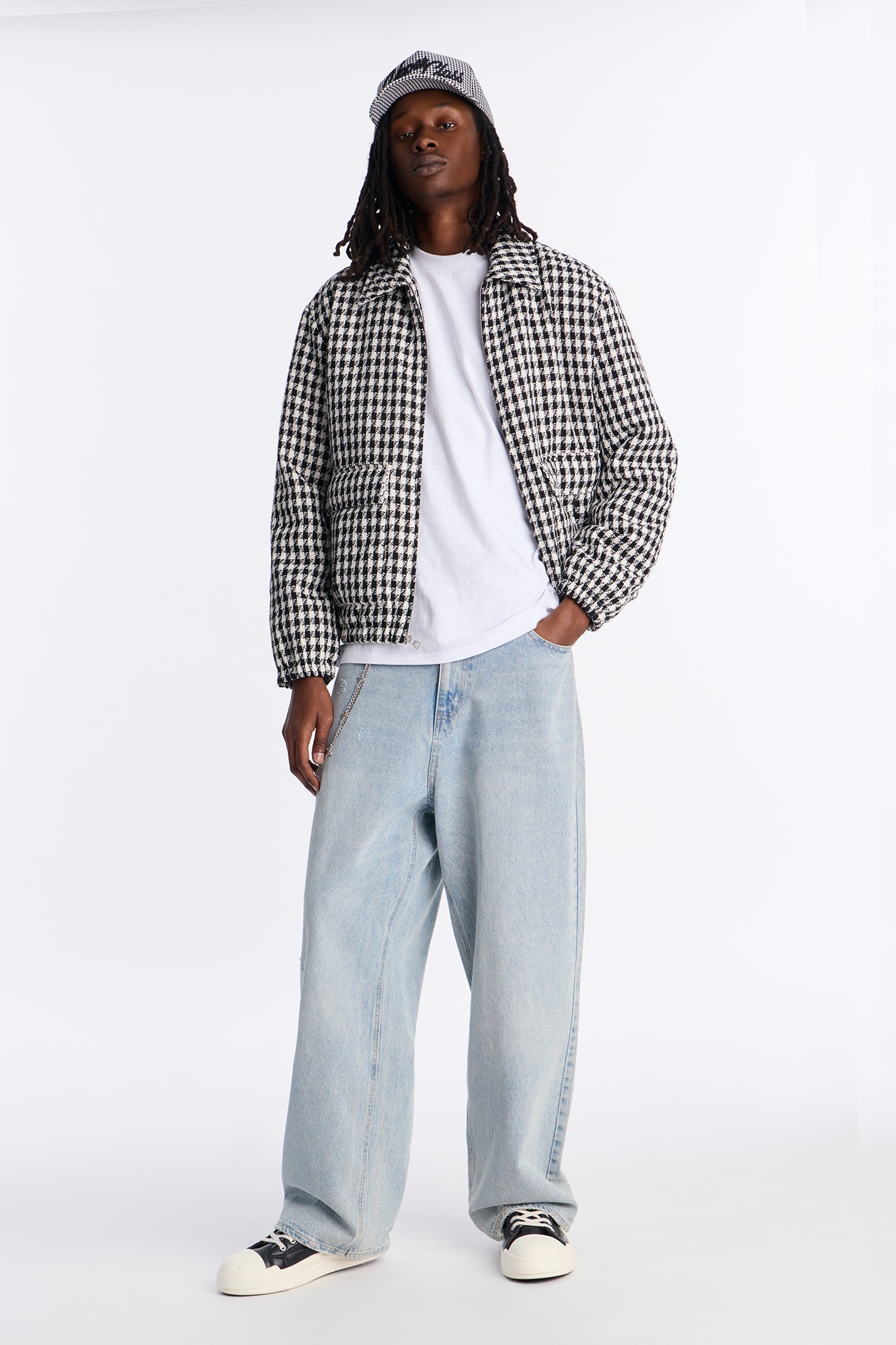 Ludlow Checkered Tweed Padded Bomber Jacket - Black/White