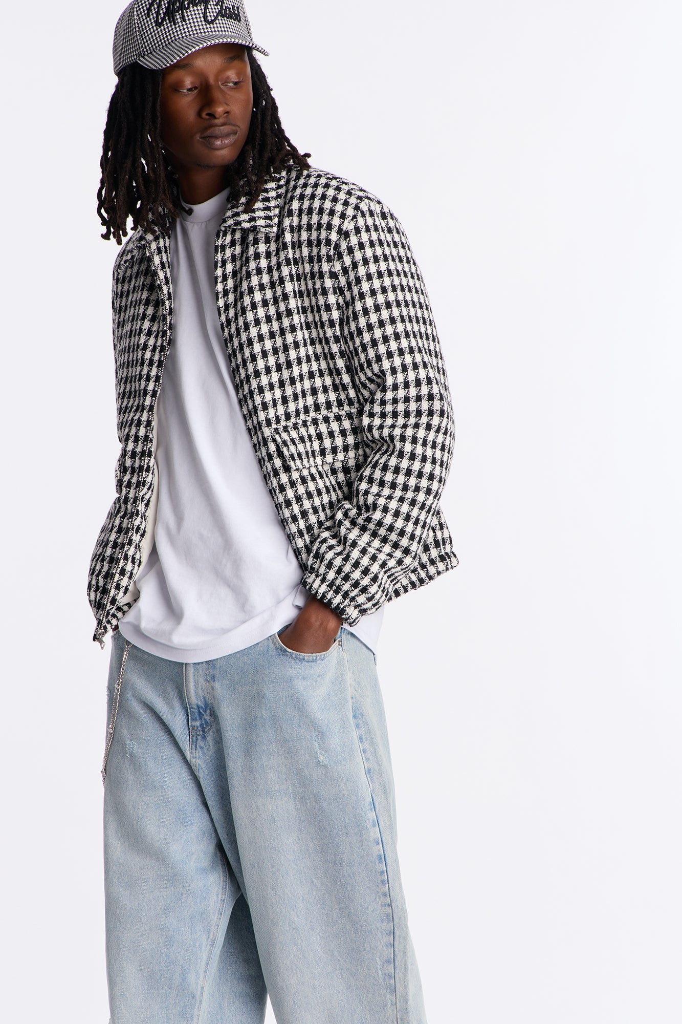 Ludlow Checkered Tweed Padded Bomber Jacket - Black/White