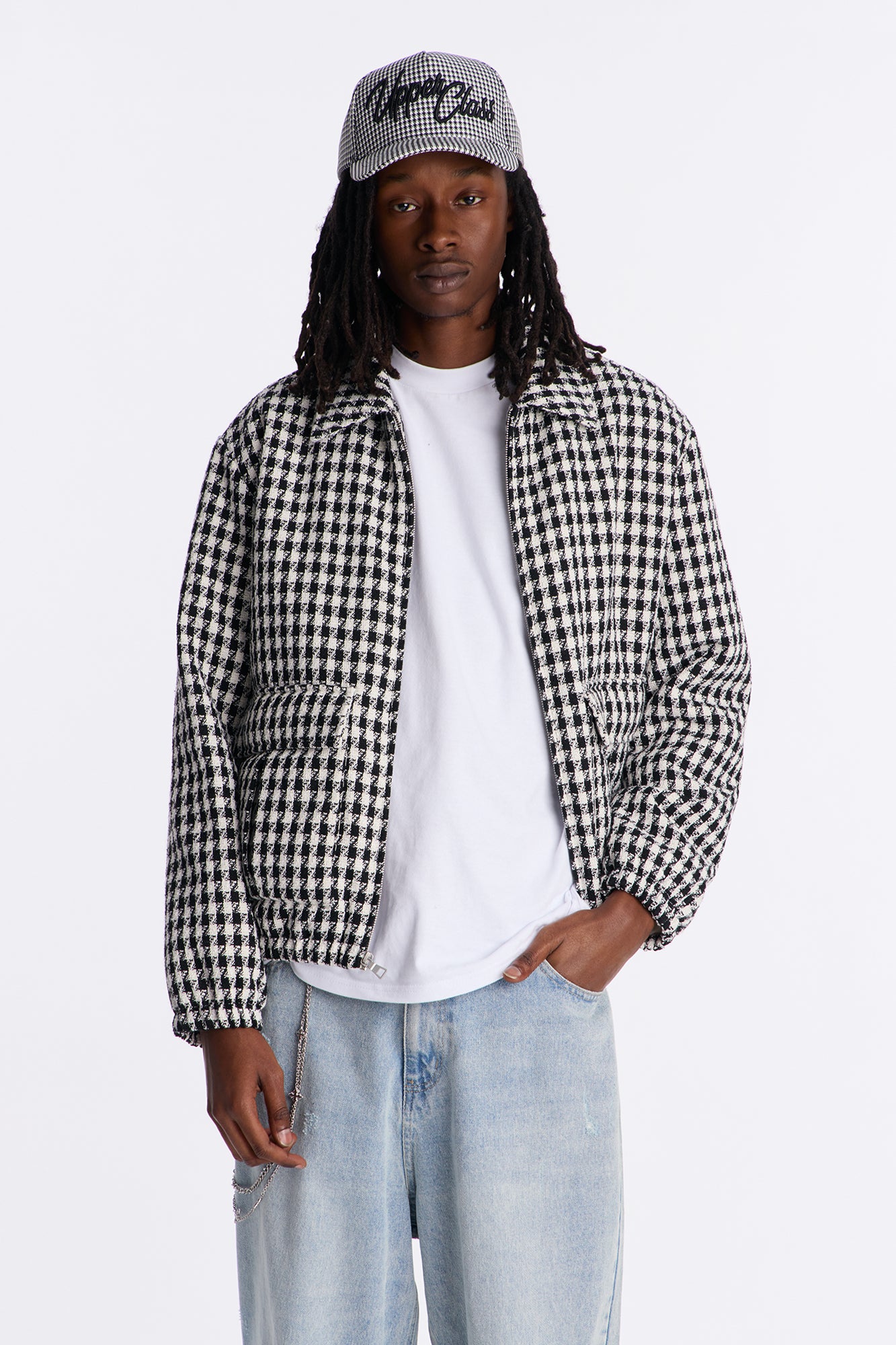 Ludlow Checkered Tweed Padded Bomber Jacket - Black/White