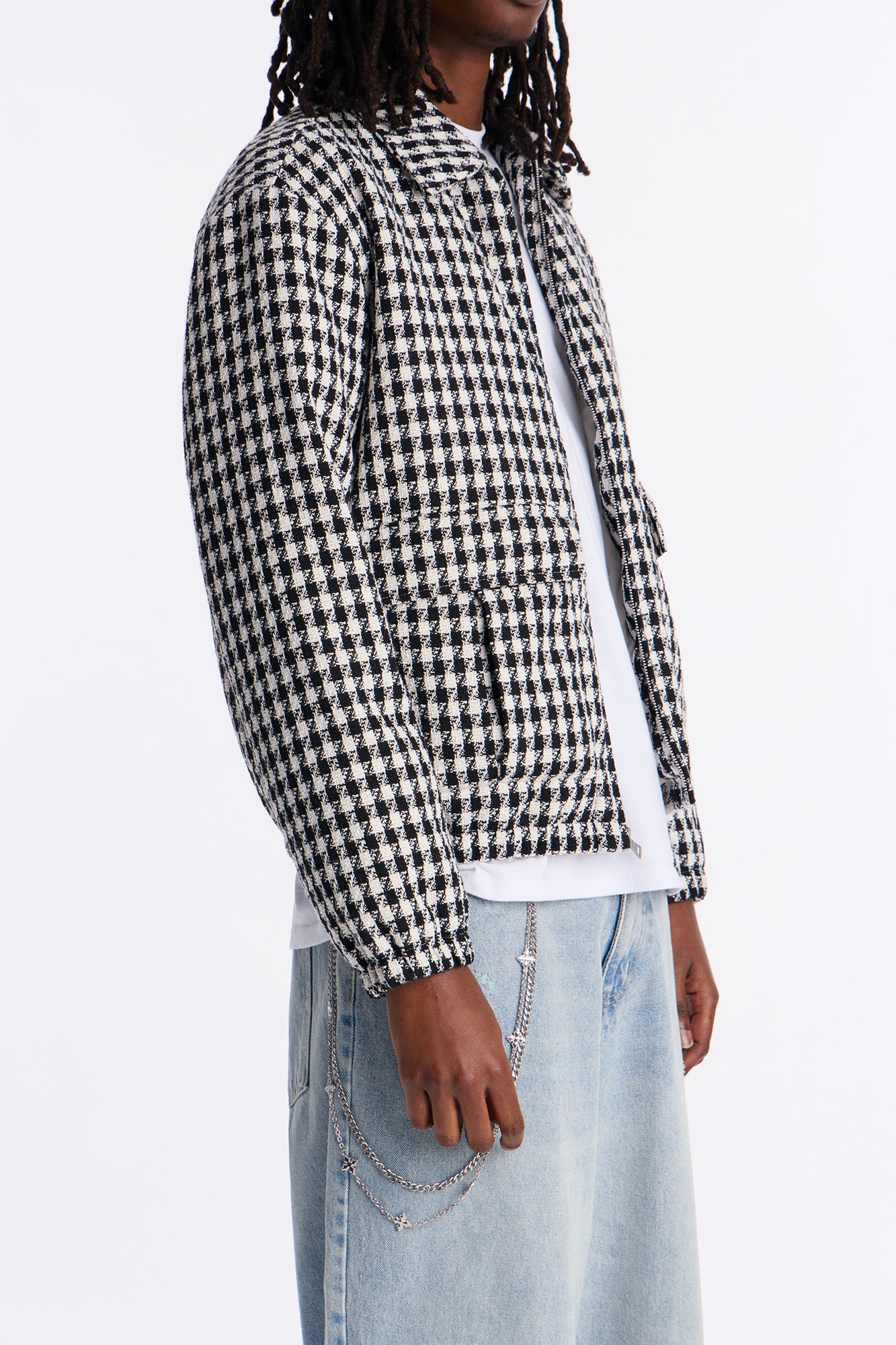 Ludlow Checkered Tweed Padded Bomber Jacket - Black/White
