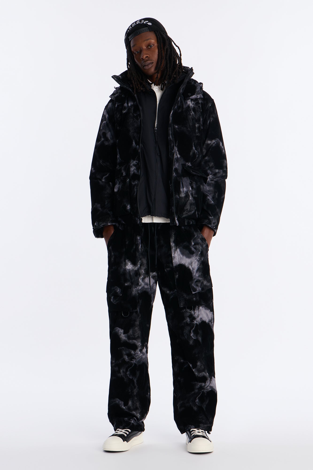 Padded Flocked Marble Ski Jacket - Black