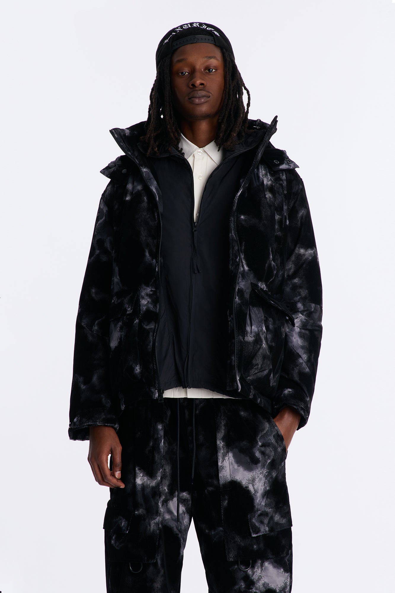 Padded Flocked Marble Ski Jacket - Black