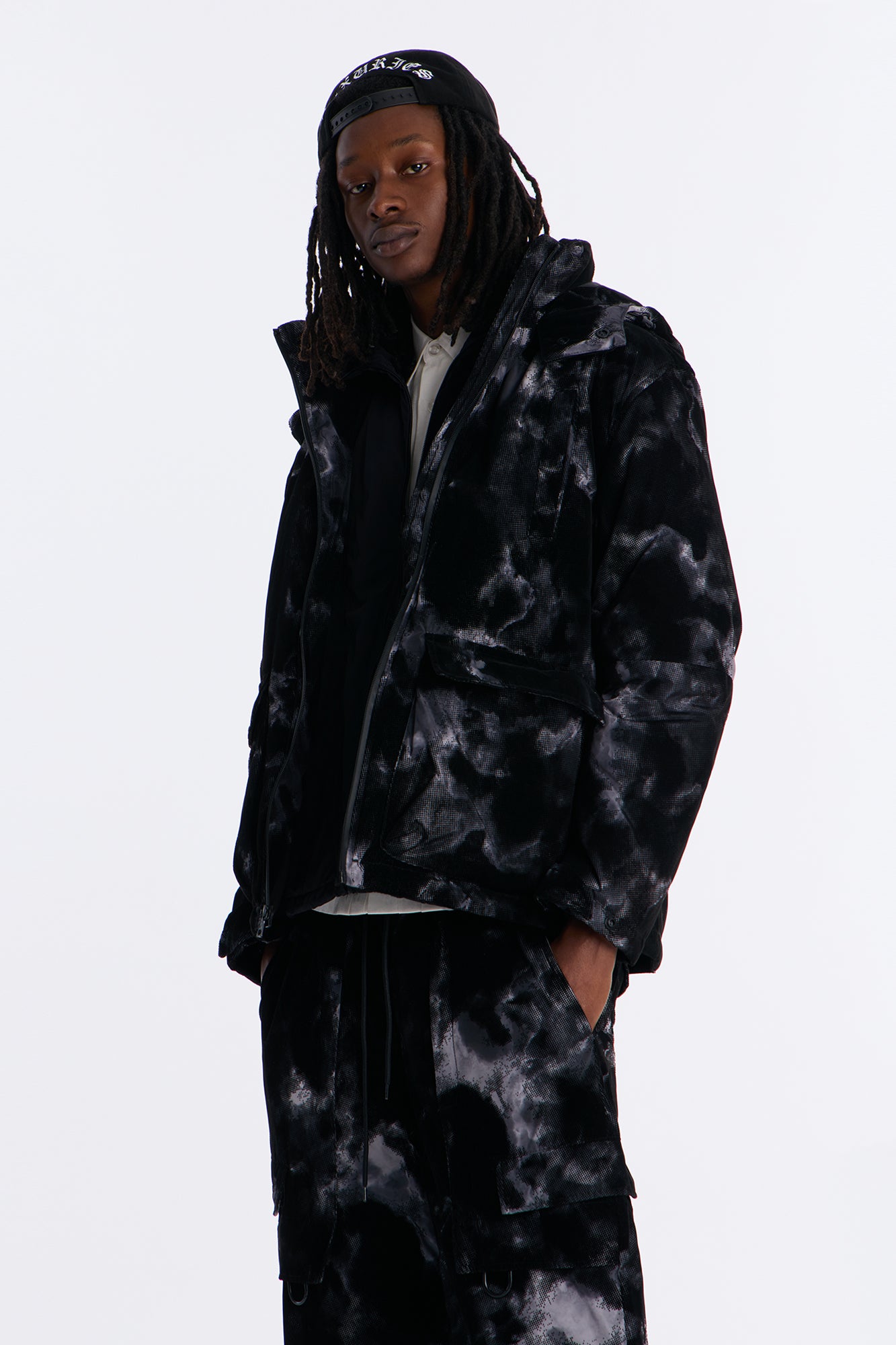 Padded Flocked Marble Ski Jacket - Black