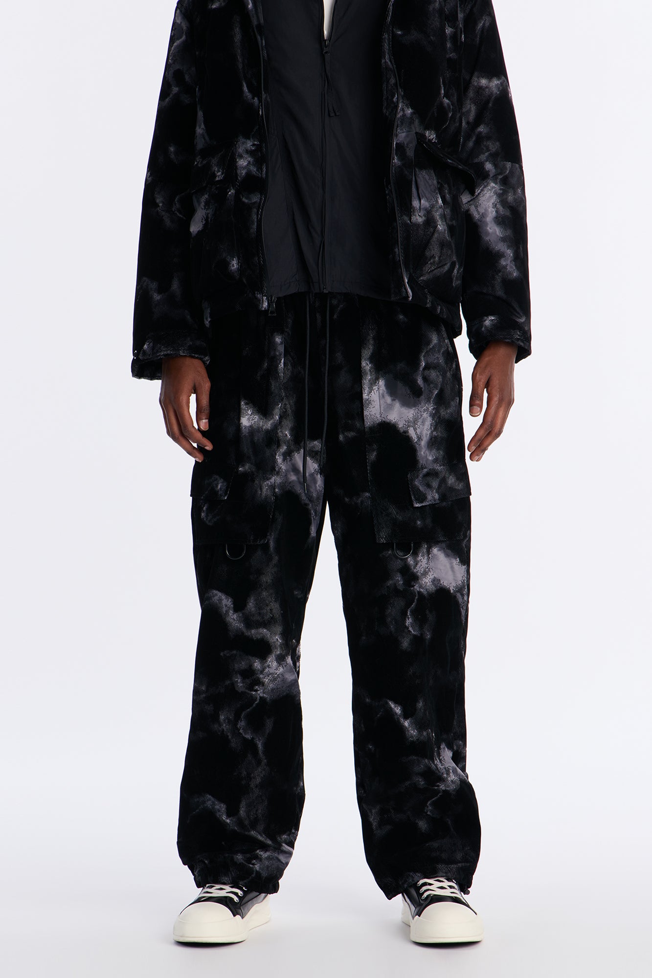 Baggy Flocked Marble Cargo Pant - Black