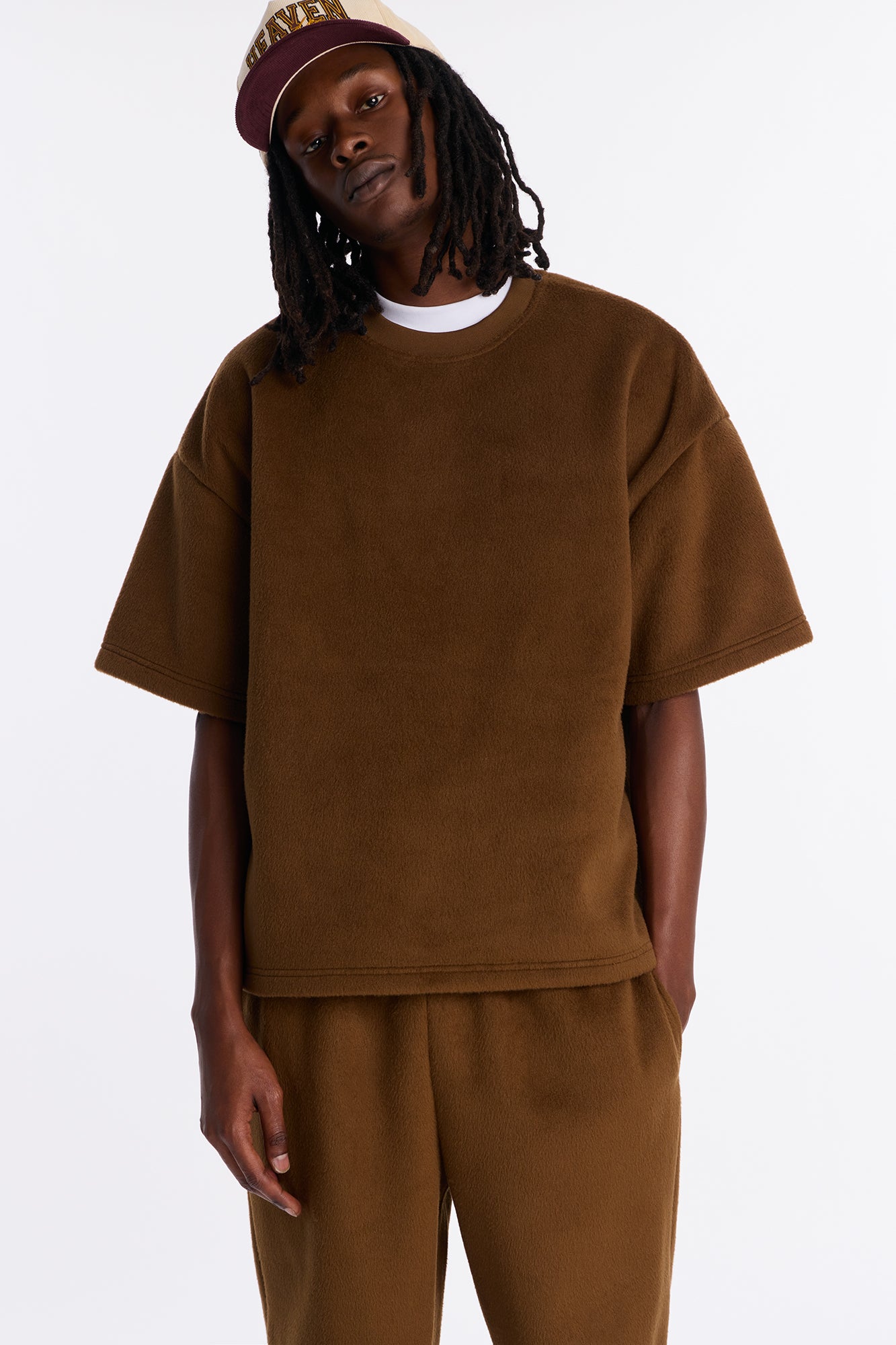 Fuzzy Textured Premium Short Sleeve Sweatshirt - Brown