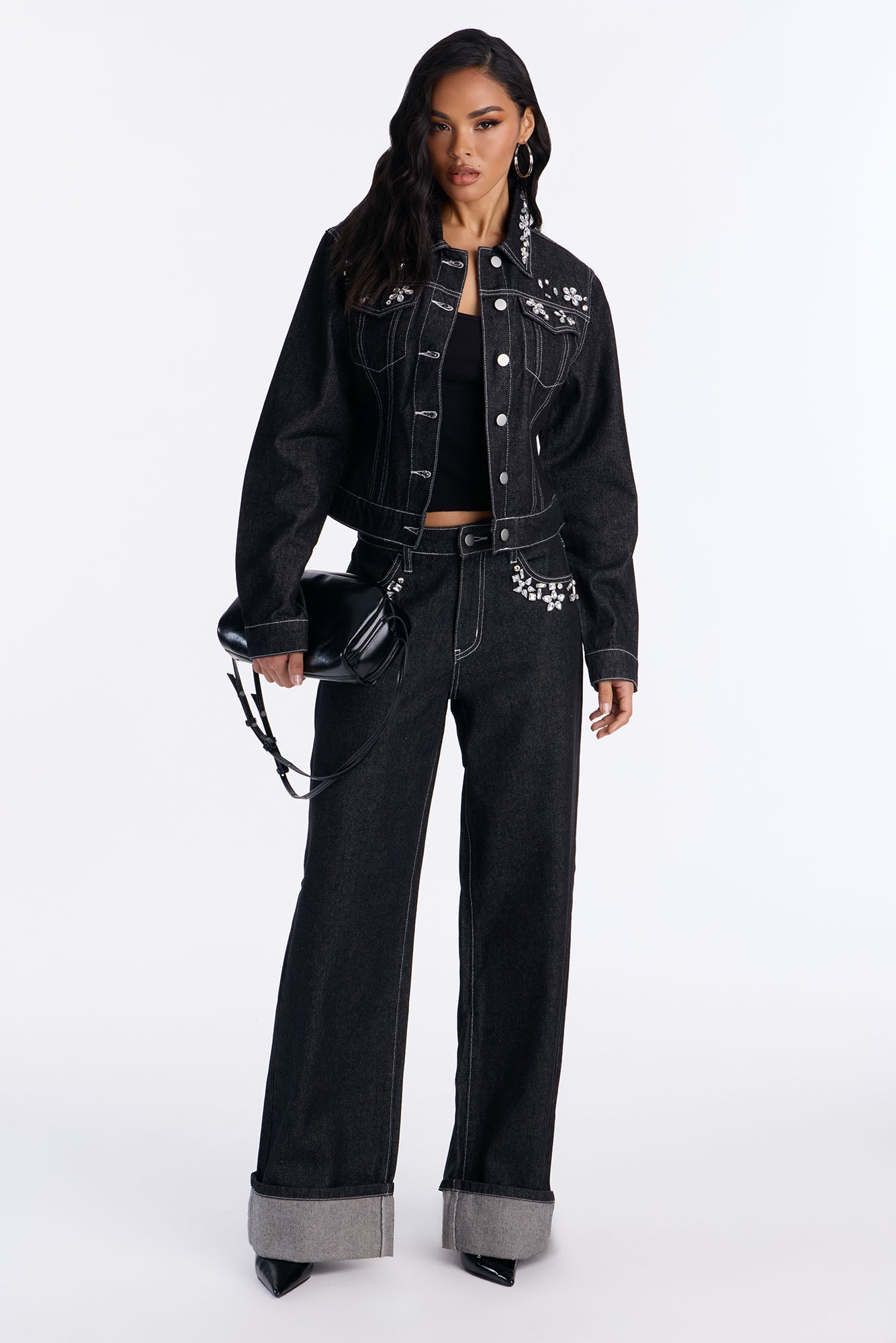 Margaux Fancy Embellished Denim Jacket - Black