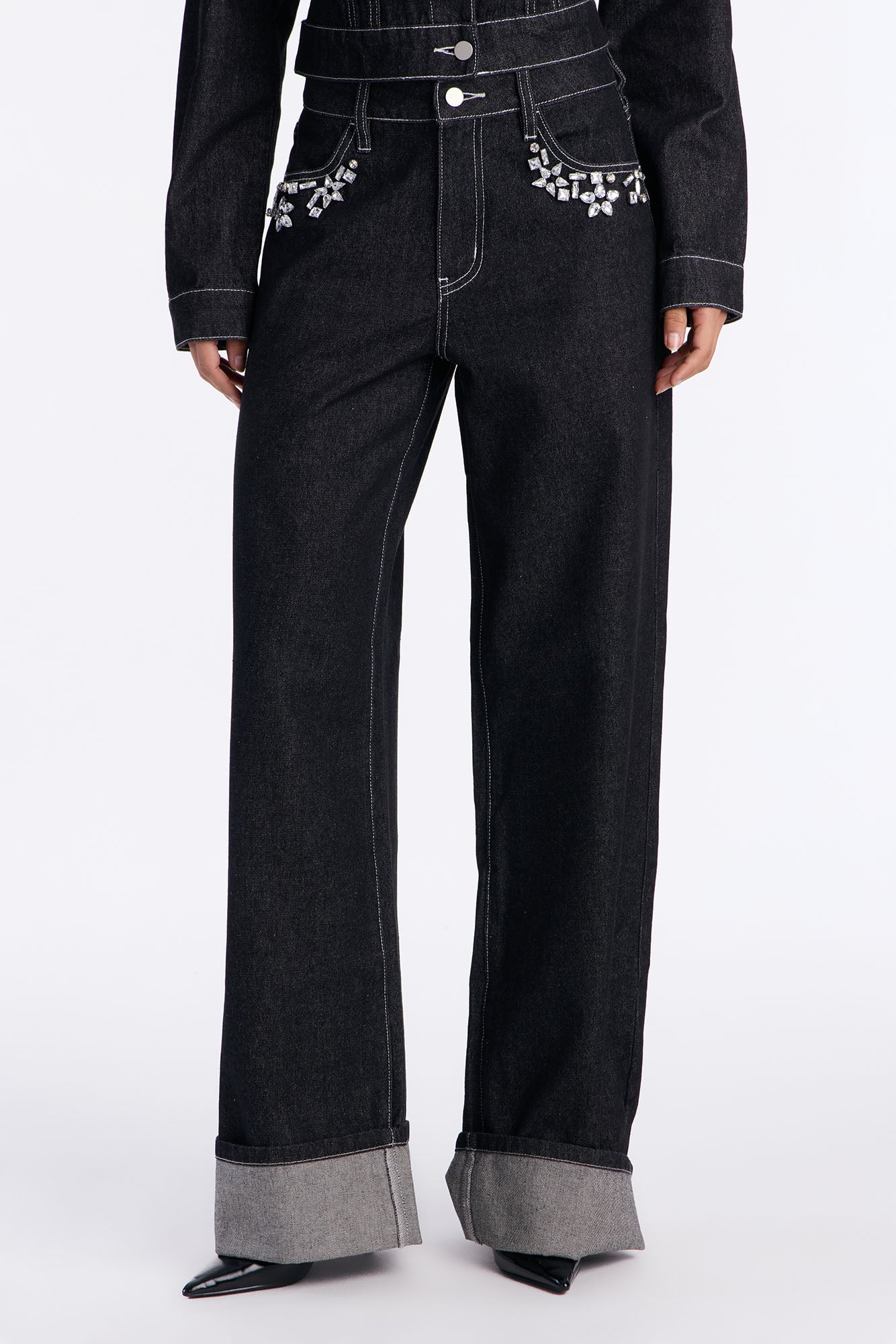 Margaux Fancy Embellished Wide Leg Jeans - Black
