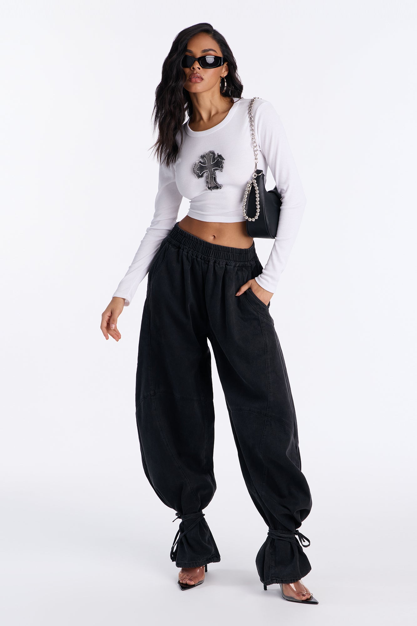 Premium Drapey Pull On Ankle Tie Balloon Jeans - Black Wash