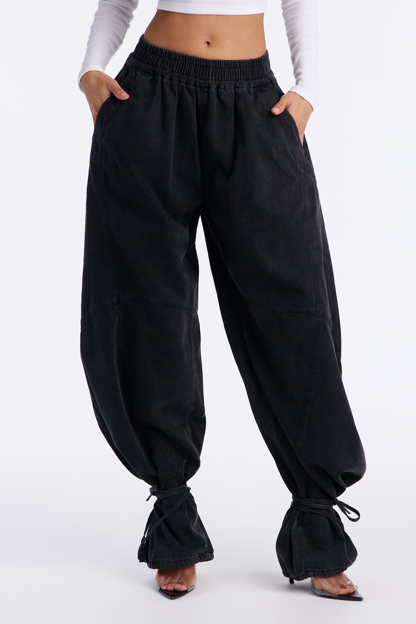 Premium Drapey Pull On Ankle Tie Balloon Jeans - Black Wash