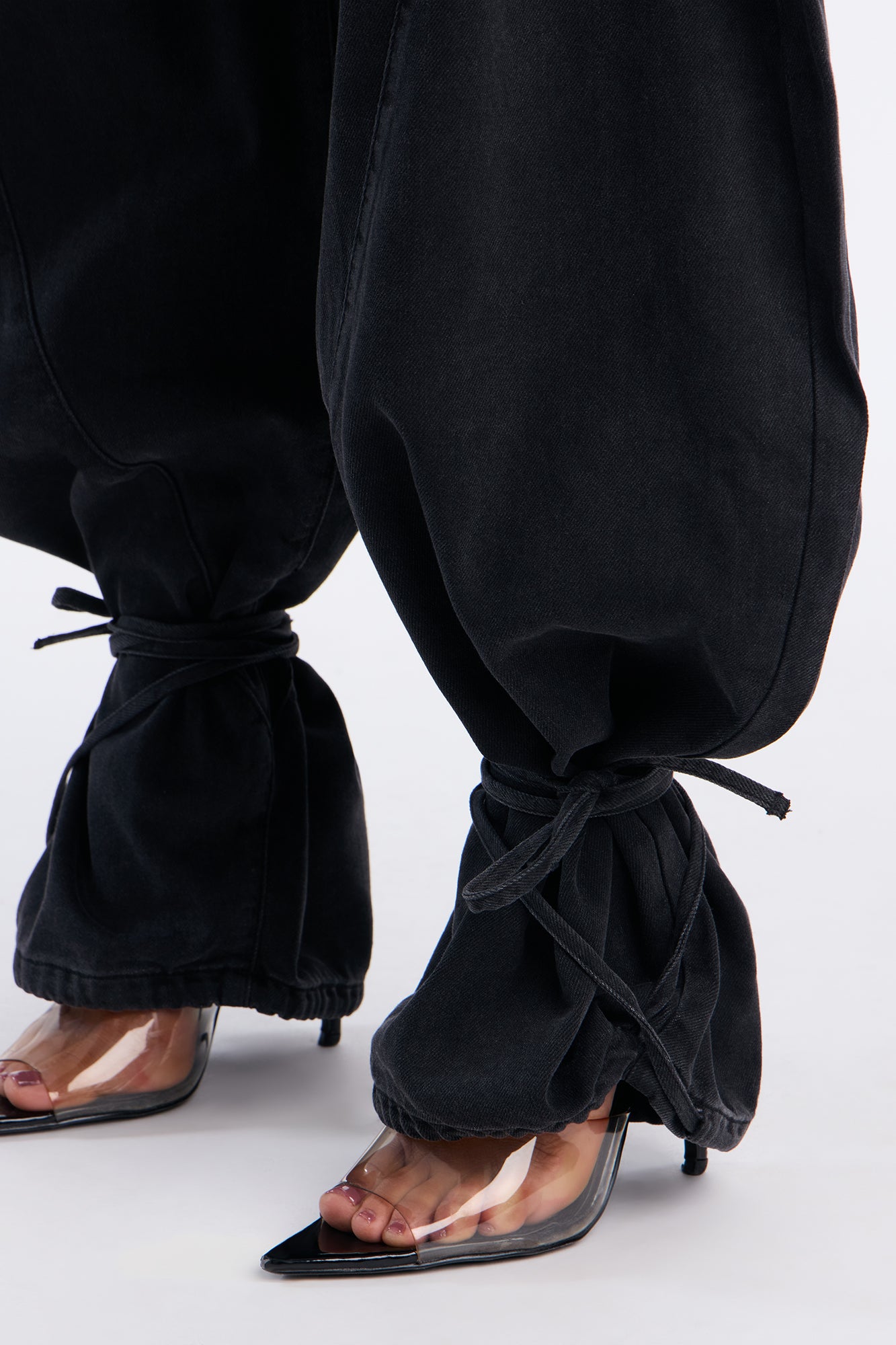 Premium Drapey Pull On Ankle Tie Balloon Jeans - Black Wash