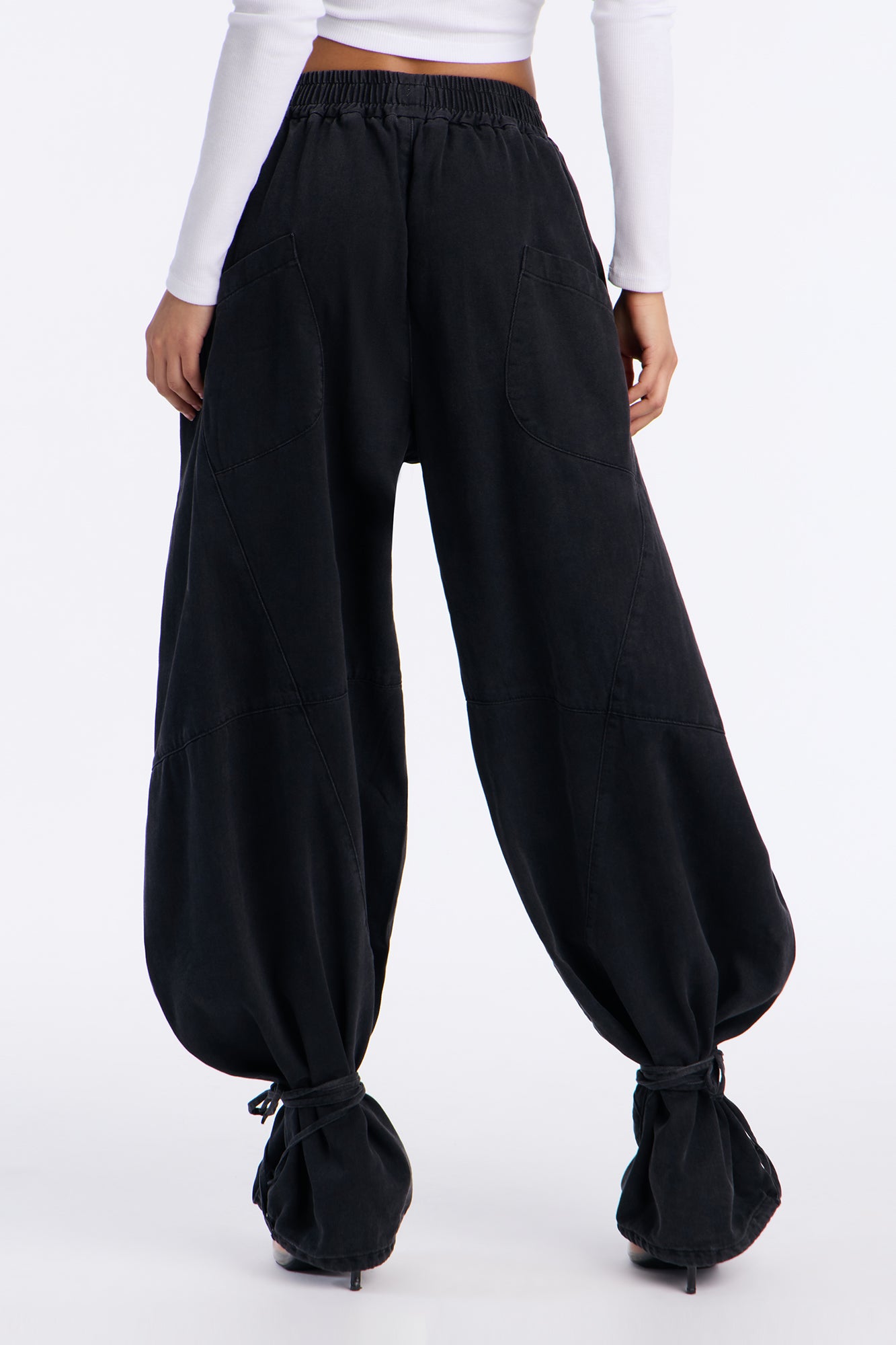 Premium Drapey Pull On Ankle Tie Balloon Jeans - Black Wash
