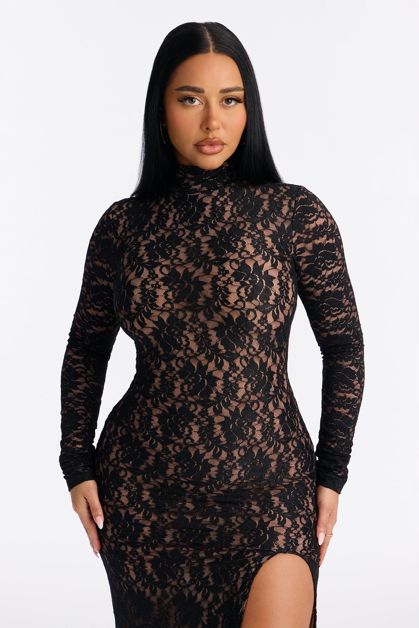 Matilda High Slit Maxi Lace Dress - Black