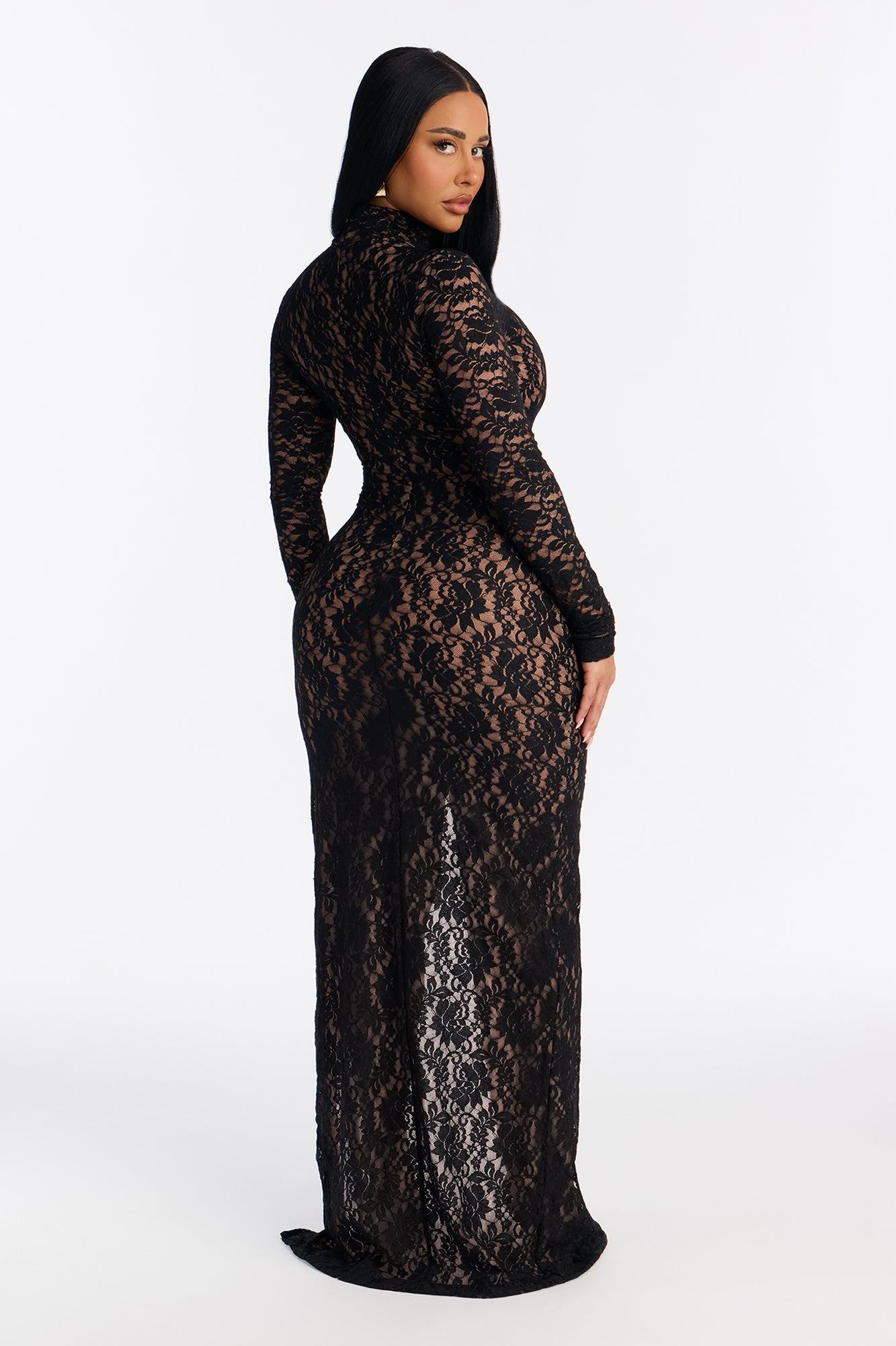 Matilda High Slit Maxi Lace Dress - Black
