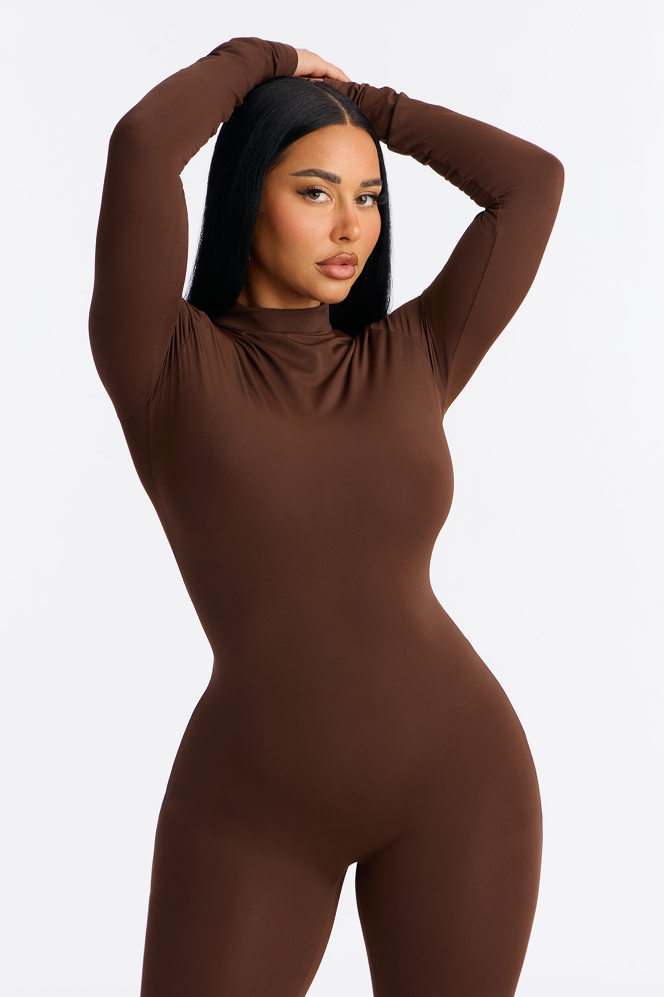 Francesca Mock Neck Footed Catsuit - Chocolate