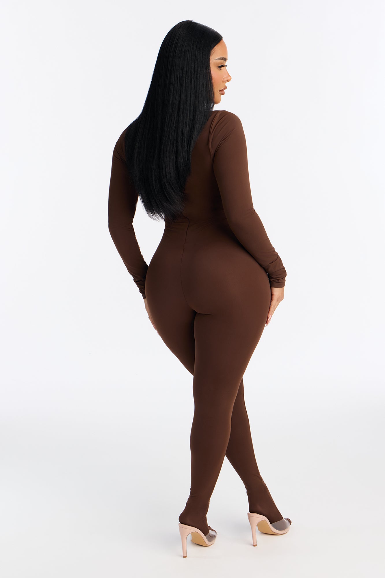 Francesca Mock Neck Footed Catsuit - Chocolate