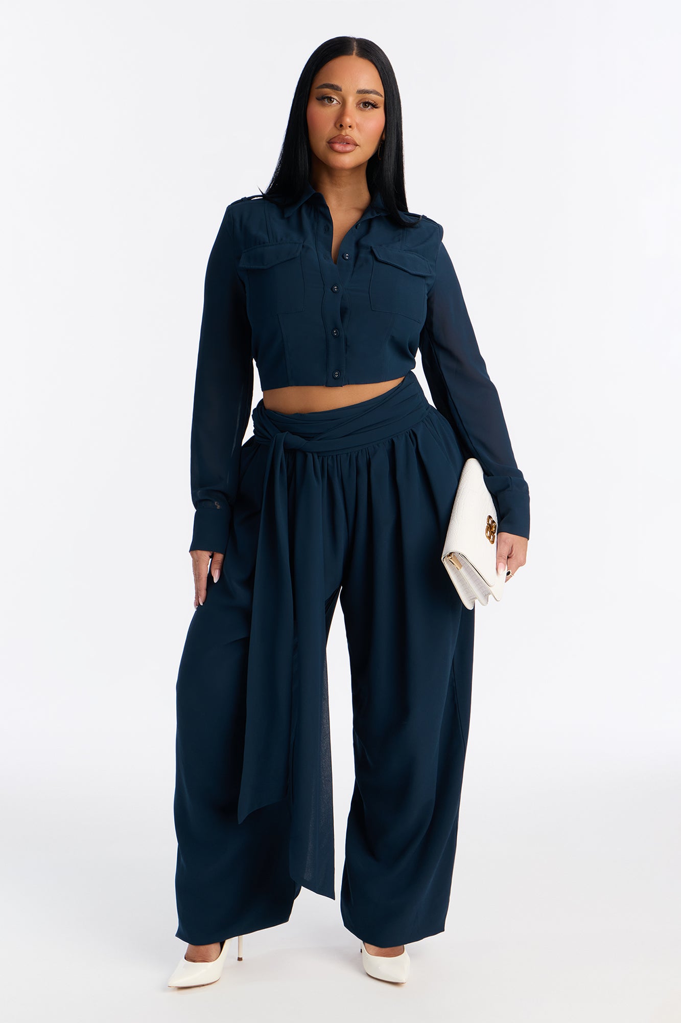 Serena Sheer Chiffon Jogger Pant Set - Navy