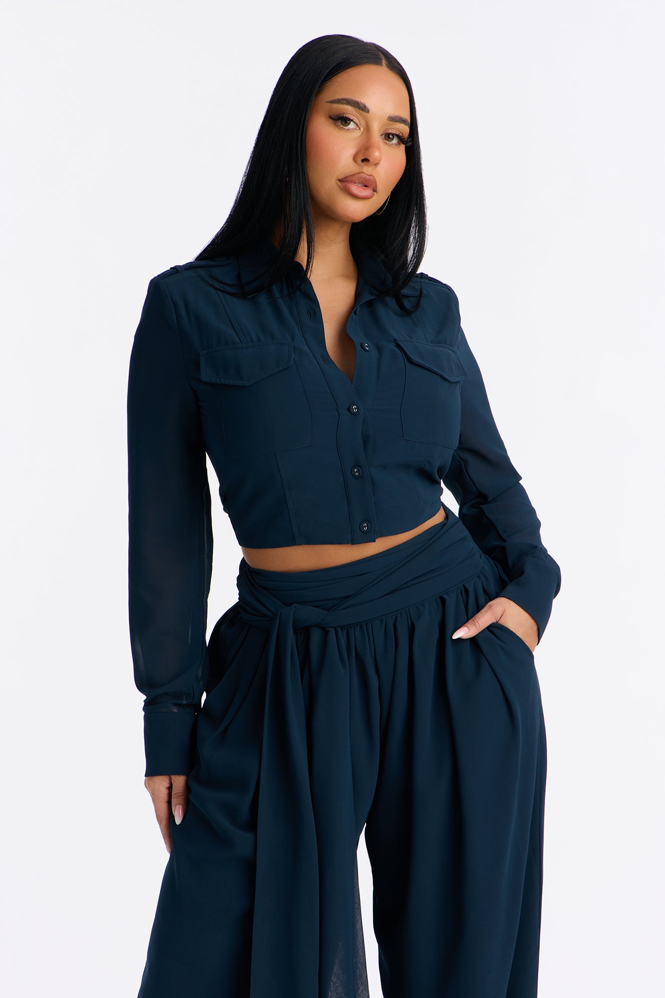 Serena Sheer Chiffon Jogger Pant Set - Navy
