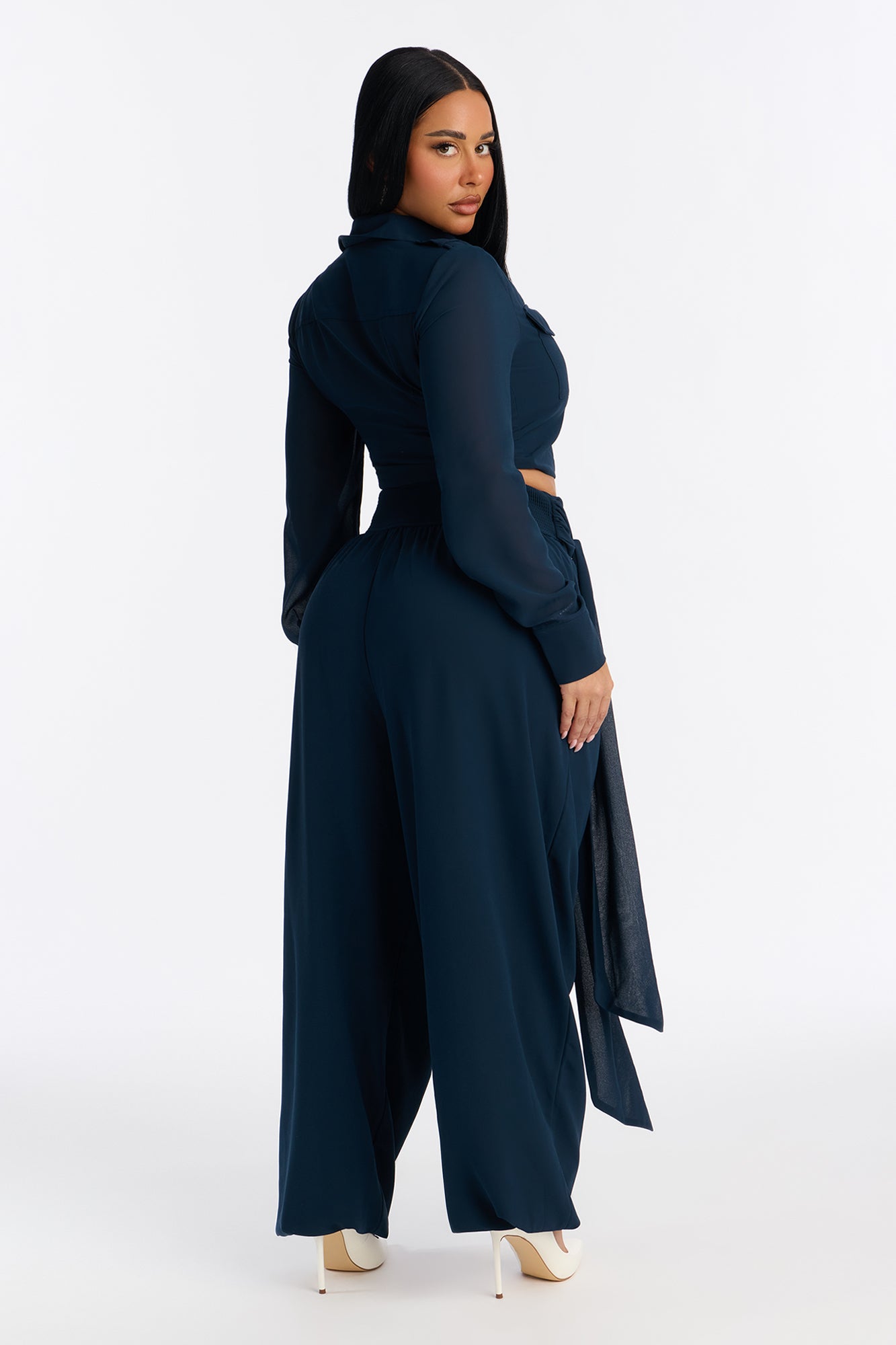 Serena Sheer Chiffon Jogger Pant Set - Navy