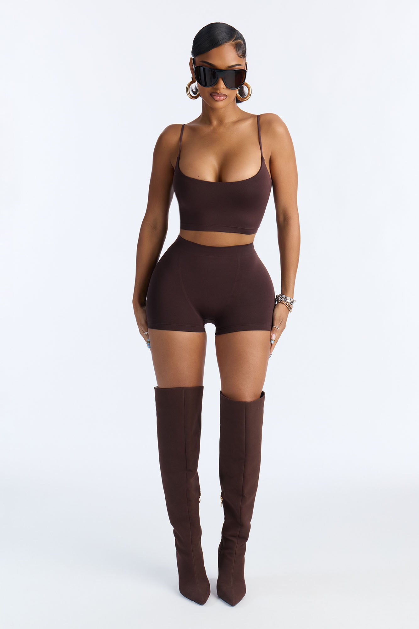 Seamless Smooth Base Layer Double Lined Cami Crop Top - Chocolate