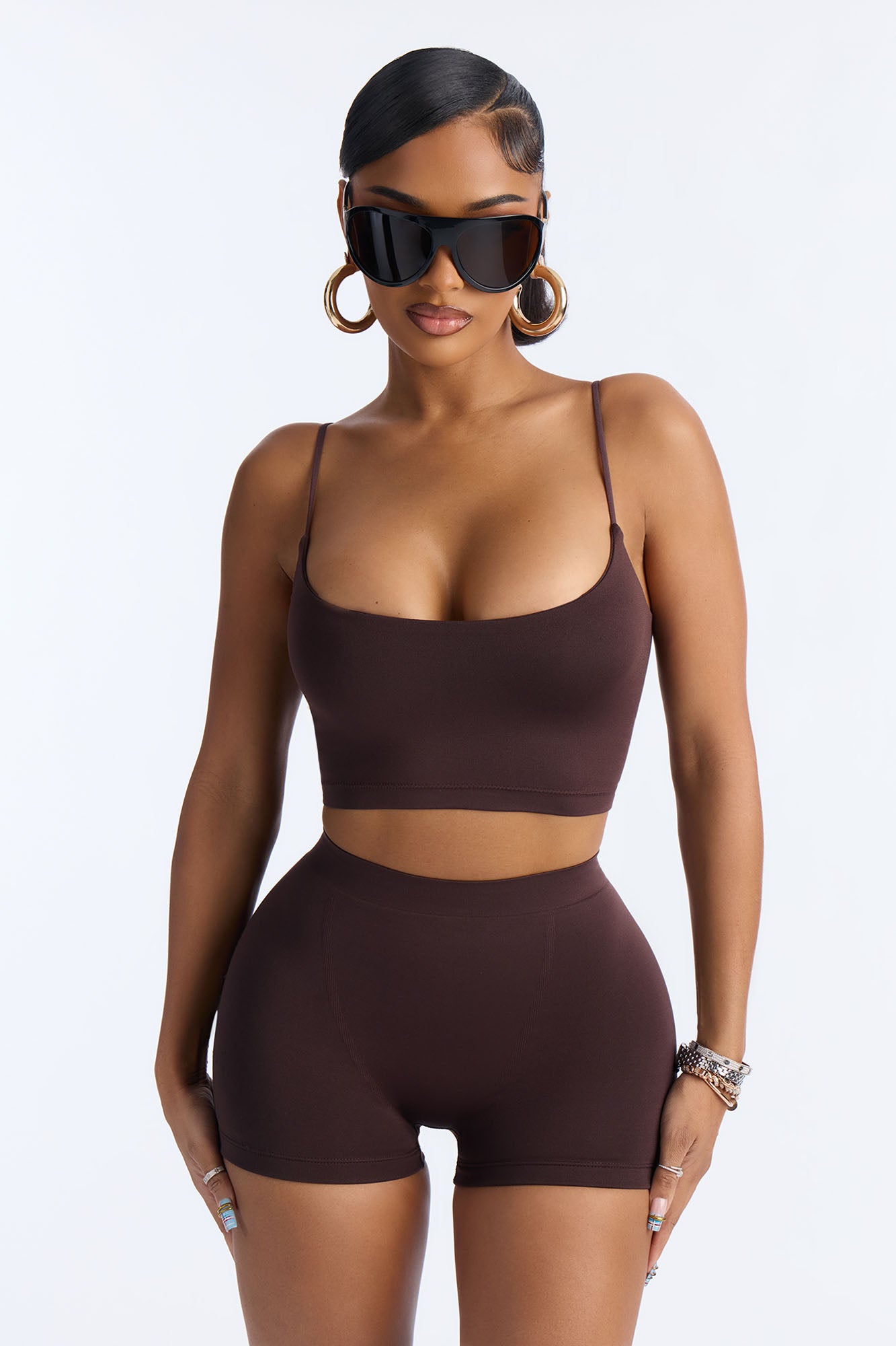 Seamless Smooth Base Layer Double Lined Cami Crop Top - Chocolate