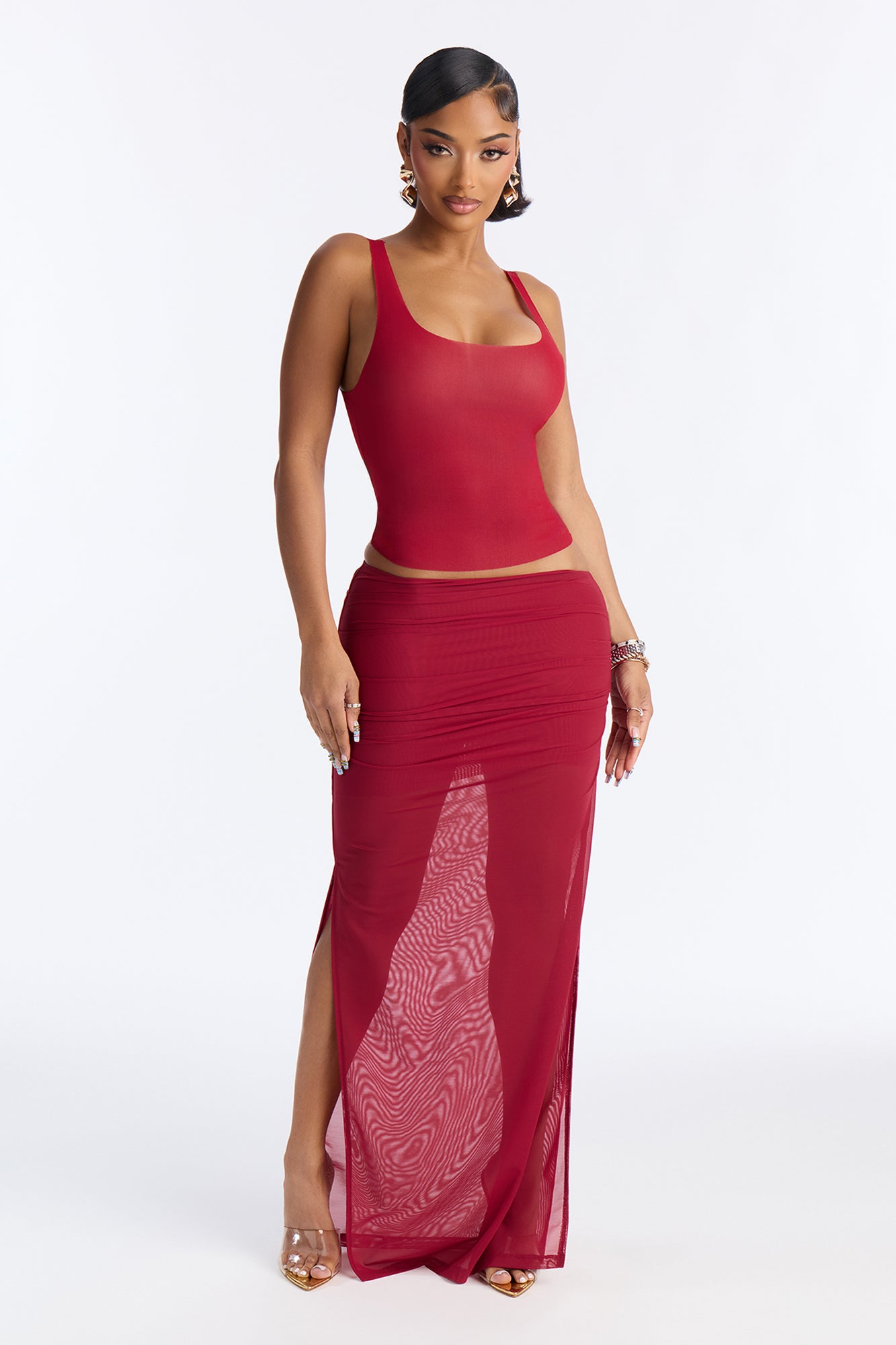 Power Mesh Low Scoop Back Sleeveless Top - DarkRed