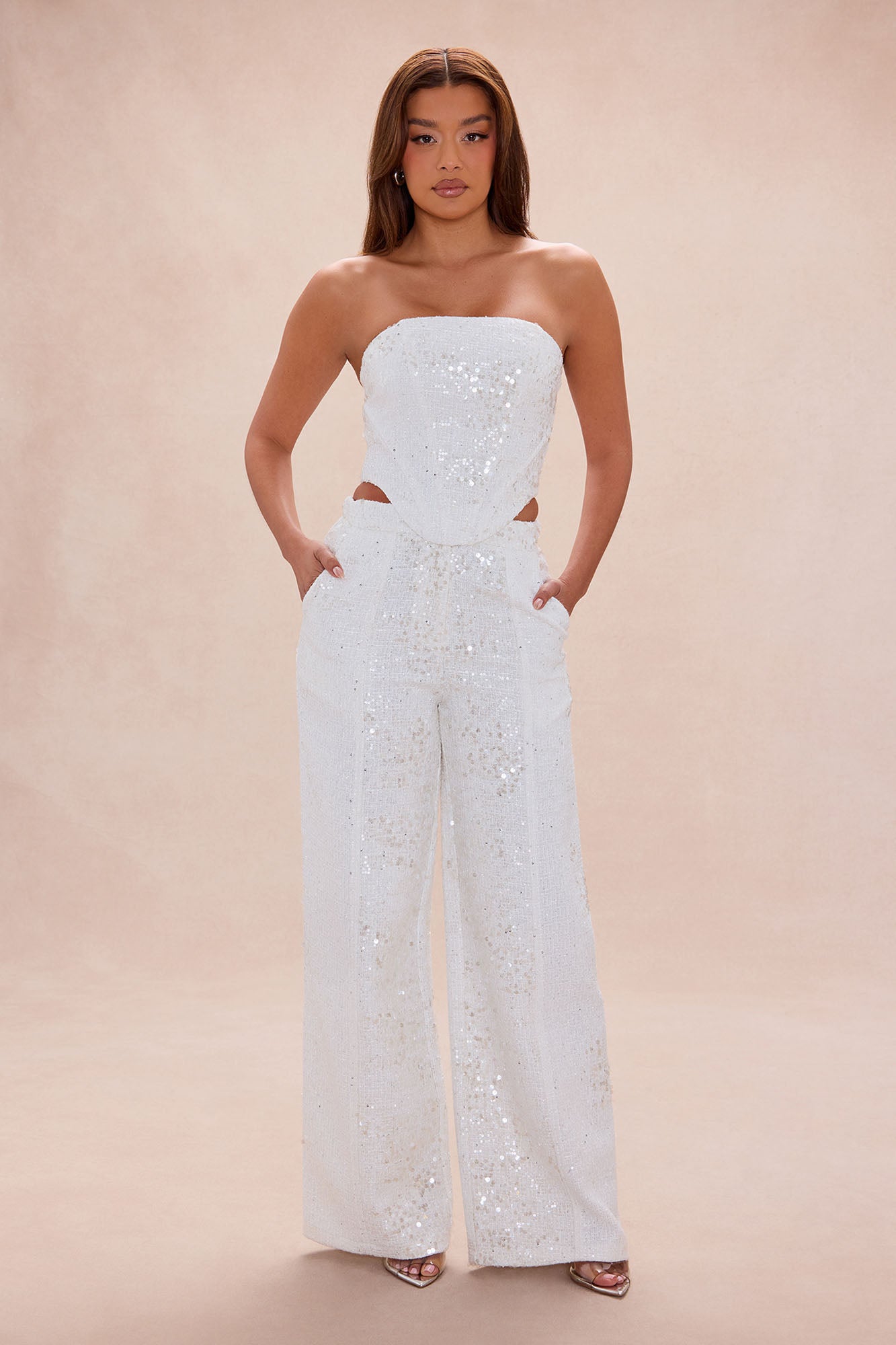 Cleo Embellished Tweed Corset Pant Set - Off White