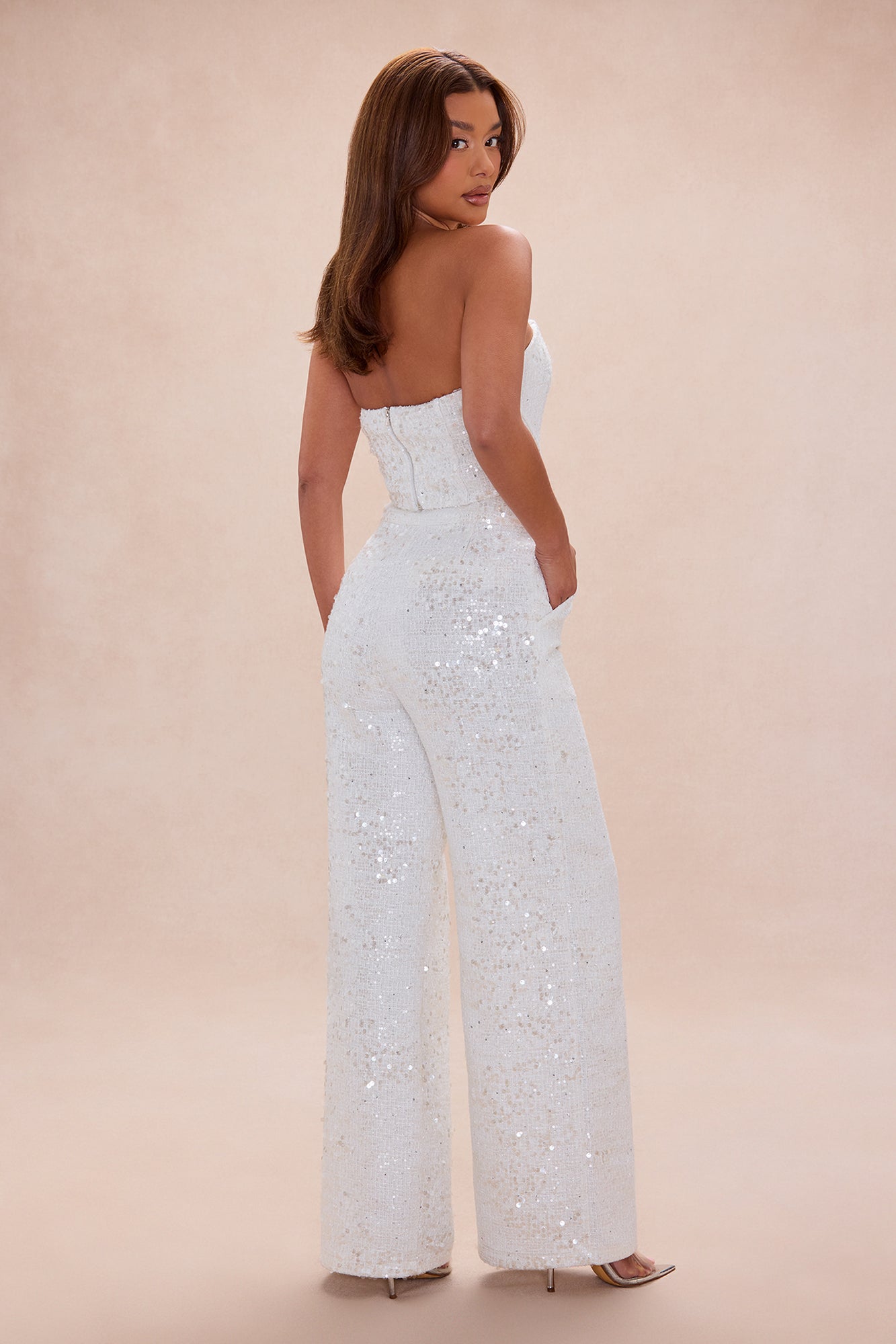 Cleo Embellished Tweed Corset Pant Set - Off White