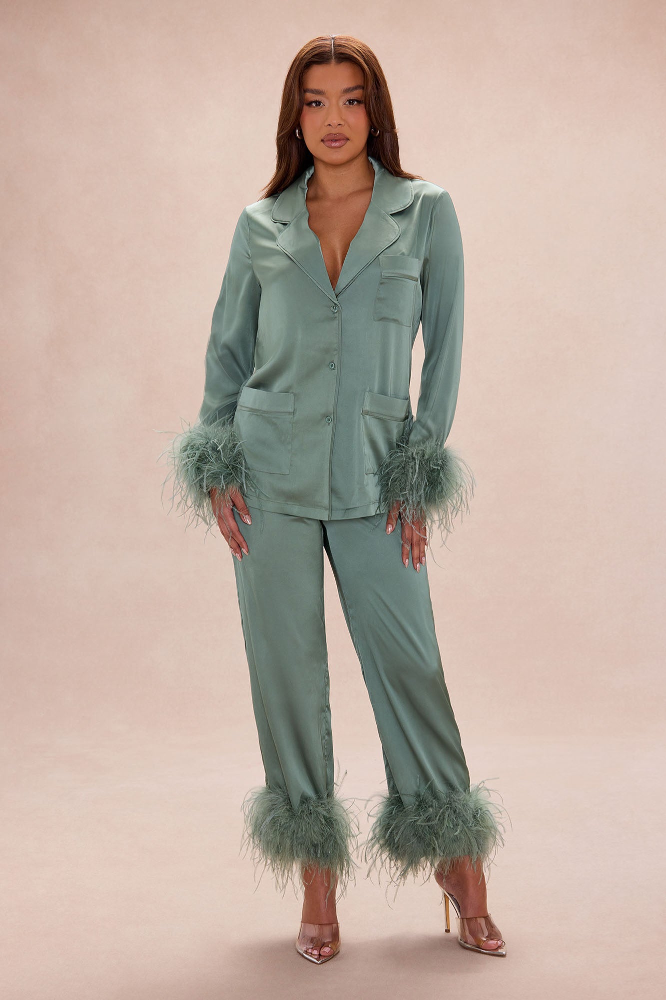 Regina Feathered Satin Pant Set - Sage