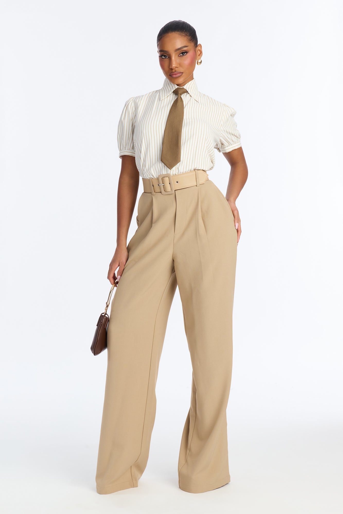 Miss CEO Pinstripe Wide Leg Belted Jumpsuit - Taupe/combo