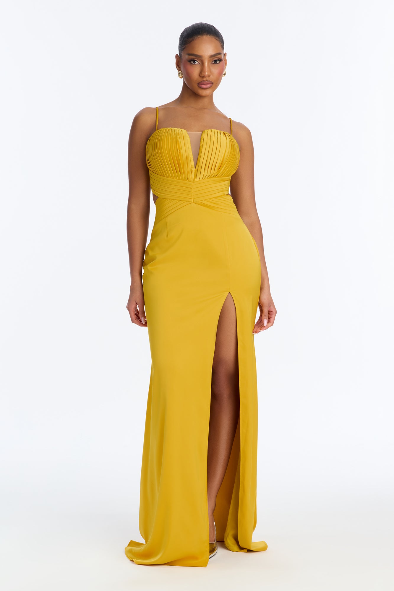 Gia Pleated Satin Gown - Mustard