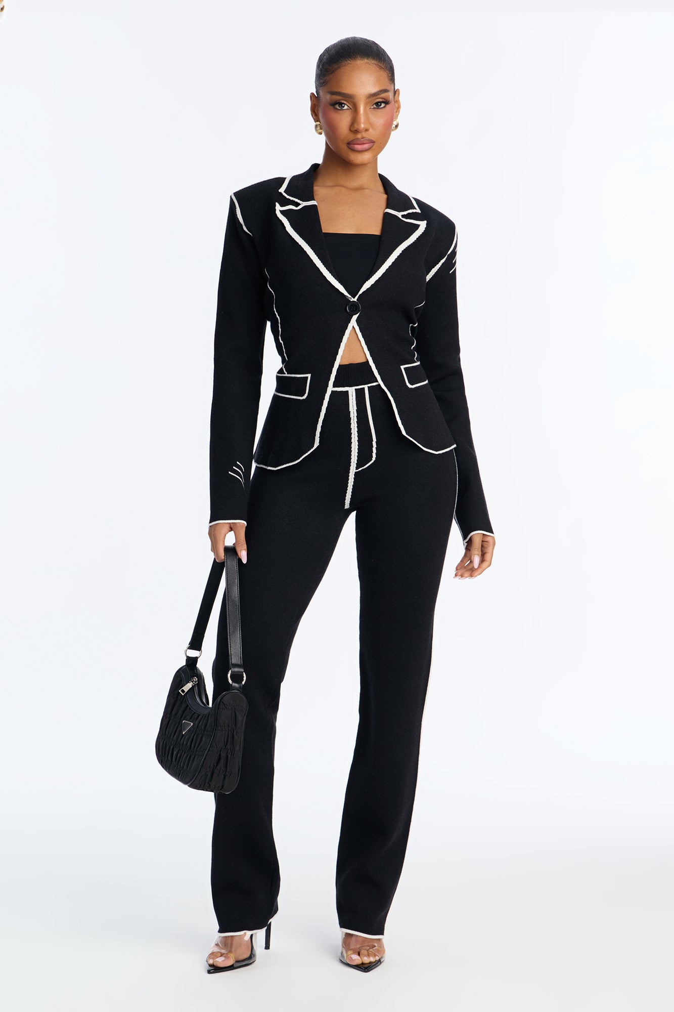 Sleek Comfort Sweater Blazer Pant Set - Black