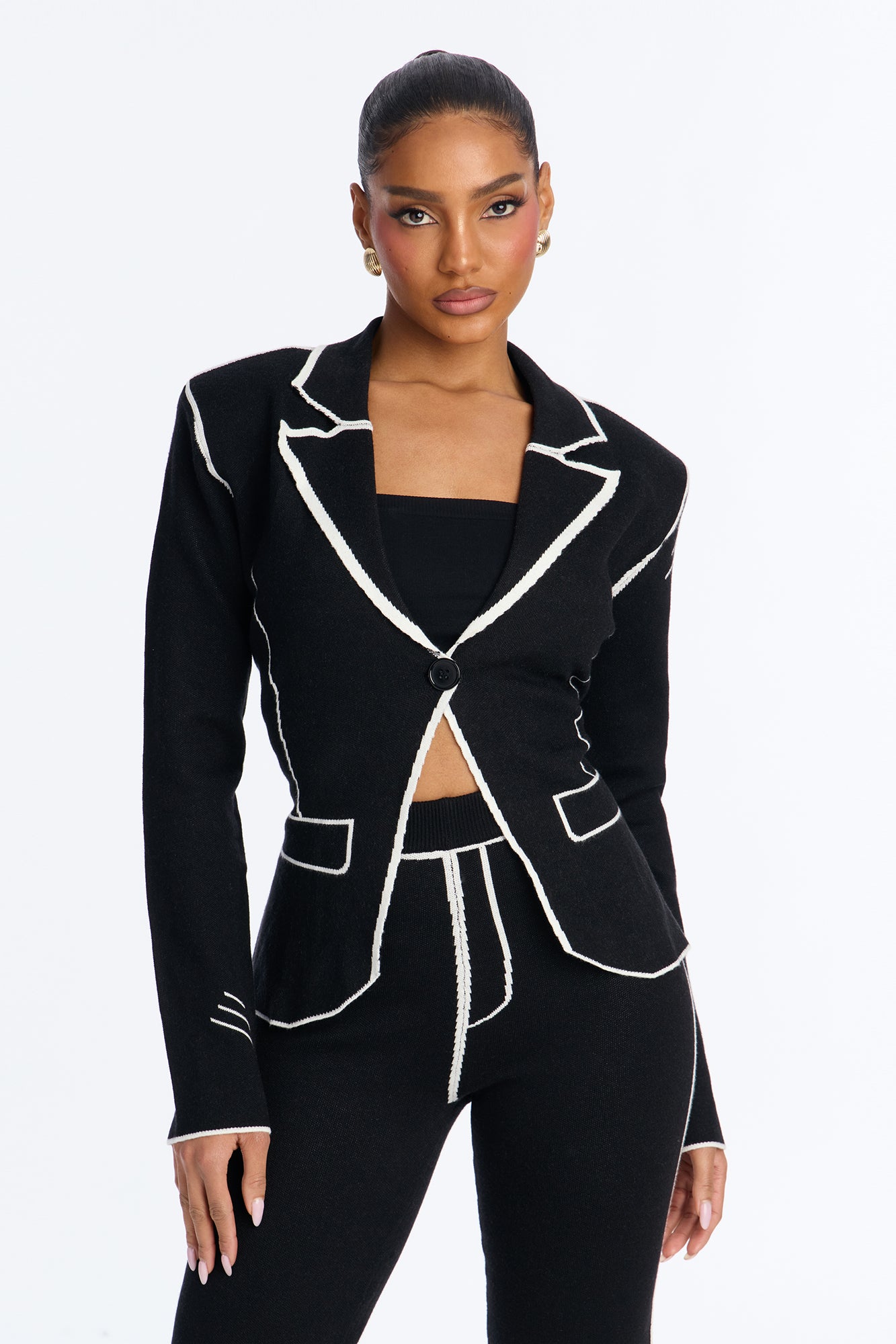 Sleek Comfort Sweater Blazer Pant Set - Black