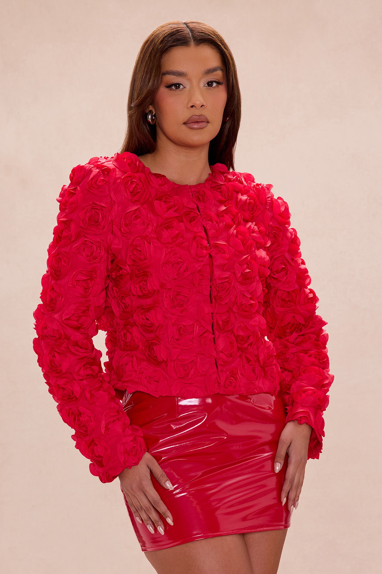 Kimberly Floral Applique Cropped Jacket - Red