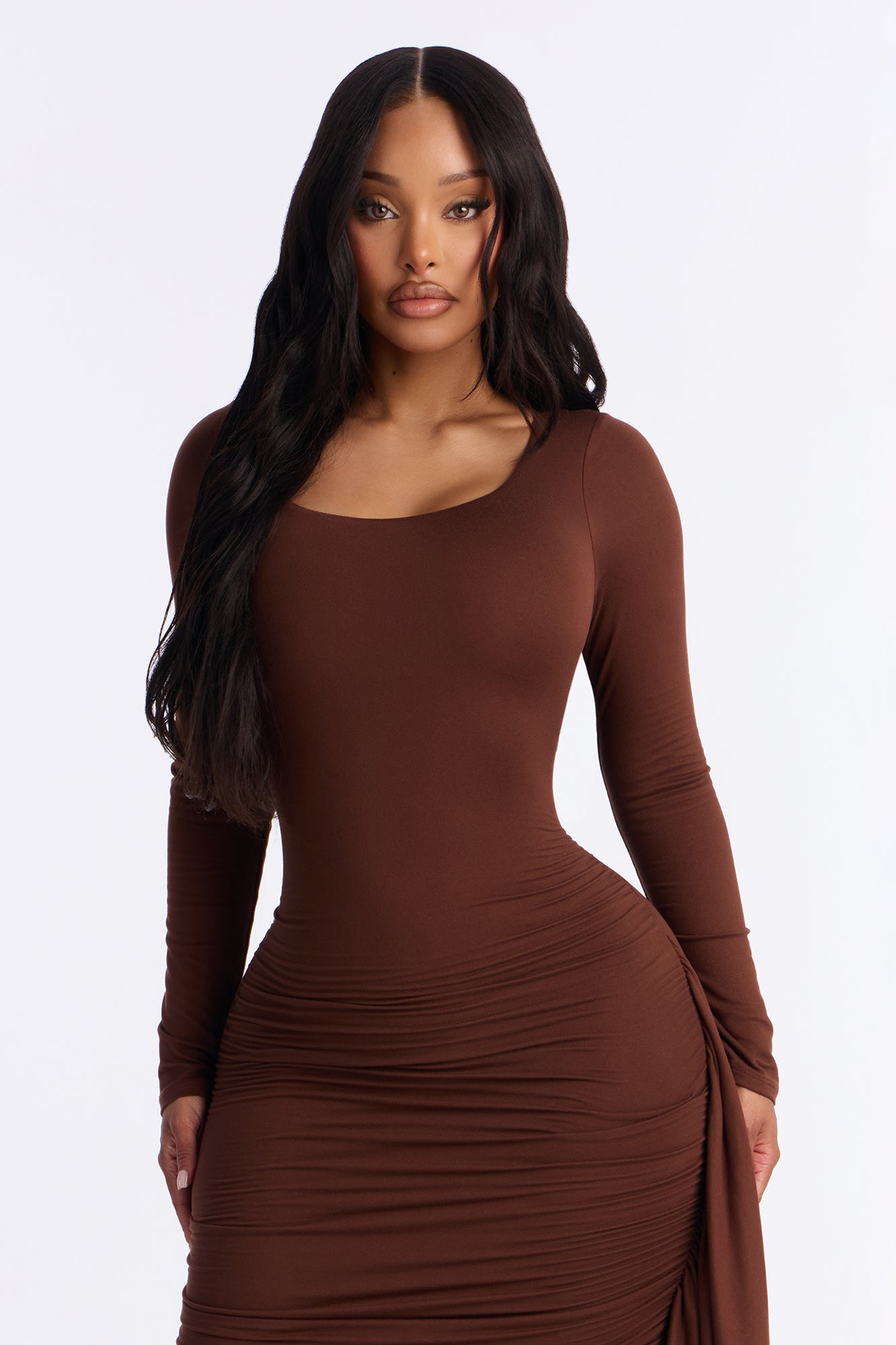 Melina Ruched Draped Mini Dress - Chocolate
