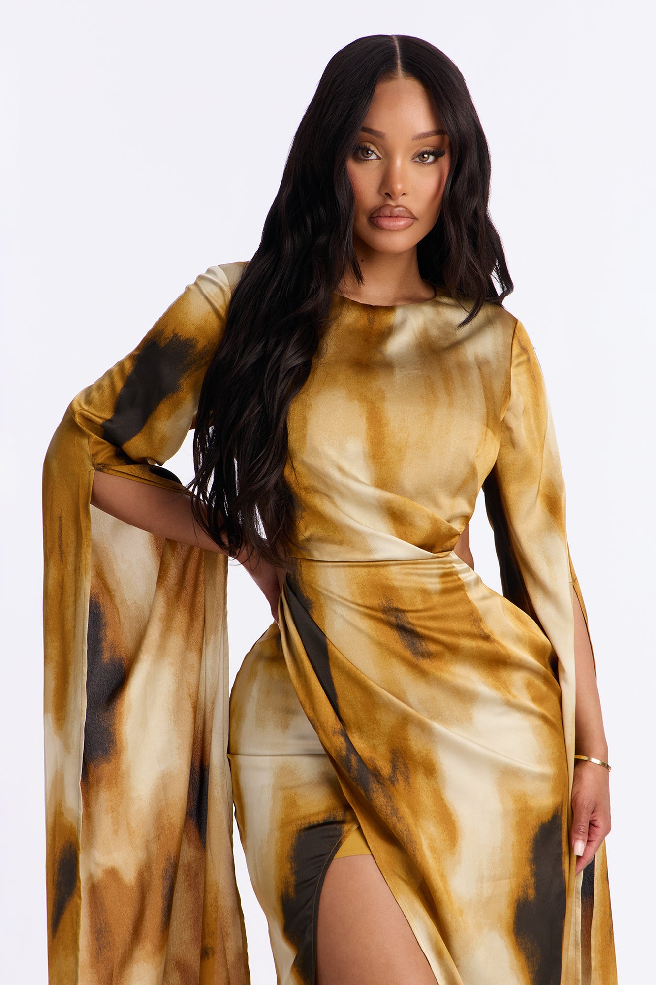 Eternal Flames Draped Satin Gown - Mustard/combo