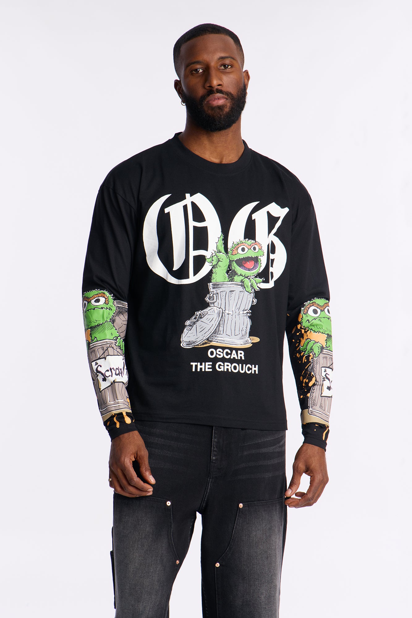 Sesame Street OG Oscar Oversized Long Sleeve Tee - Black Wash