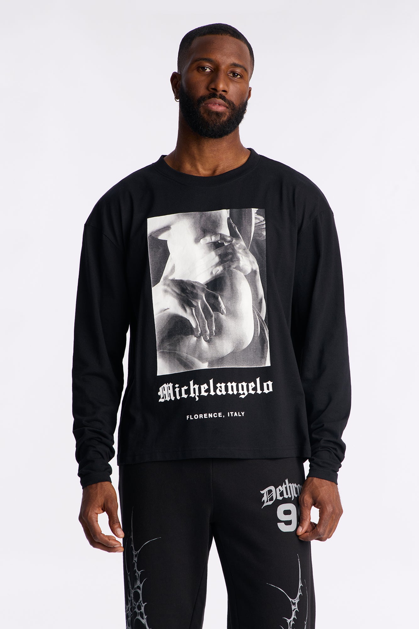 Michelangelo Florence Statue Oversized Long Sleeve Tee - Black